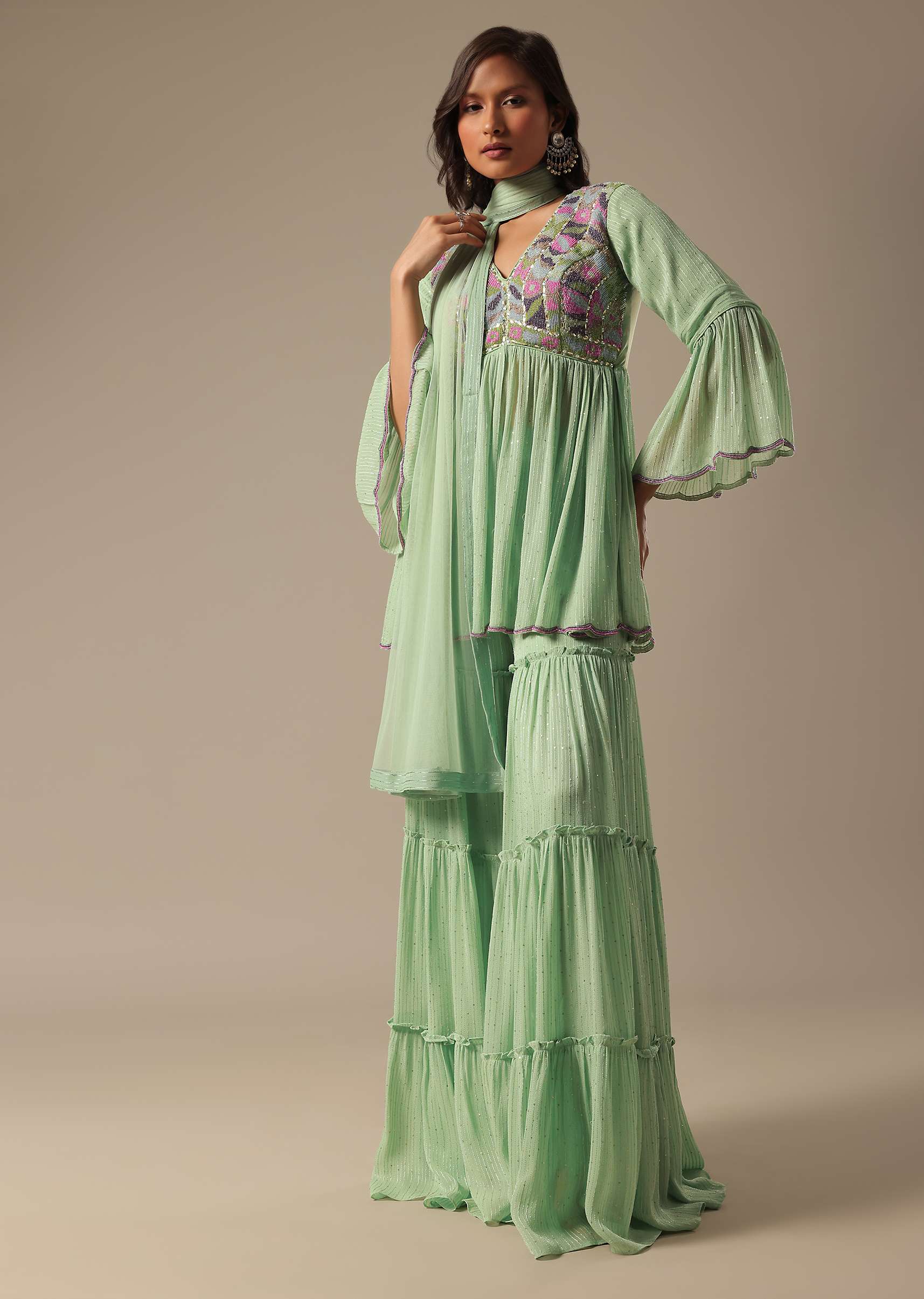 Pista Green Georgette Sharara Set With Peplum Top And Dupatta - Image 7