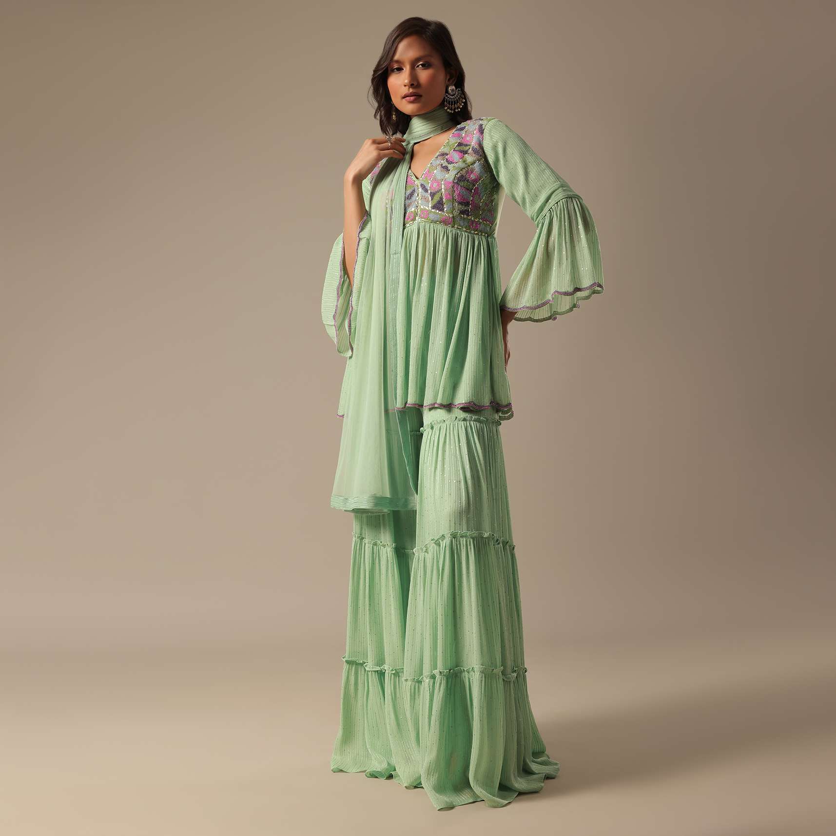 Pista Green Georgette Sharara Set With Peplum Top And Dupatta - Image 8