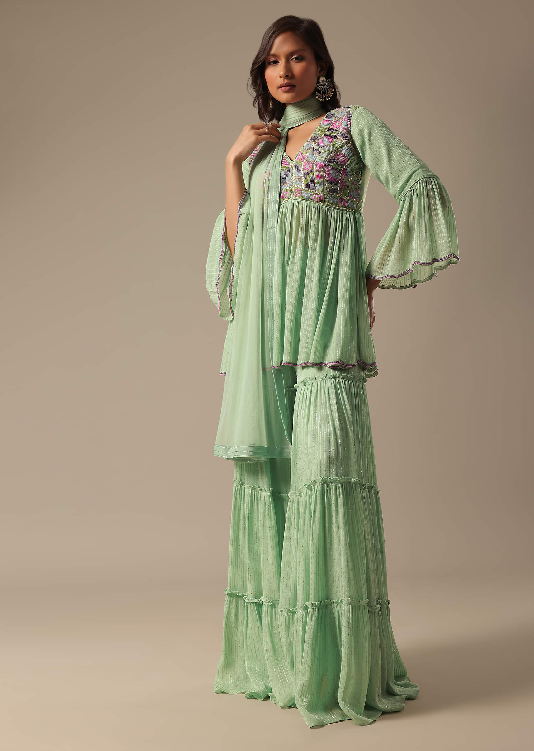 Pista Green Georgette Sharara Set With Peplum Top And Dupatta - Image 9