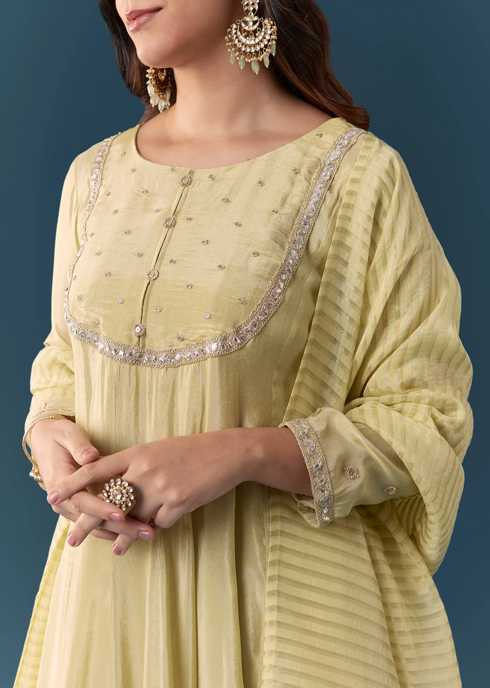Pista Green Gotta Lace Tissue Anarkali Suit Set With Pant And Dupatta - Image 2