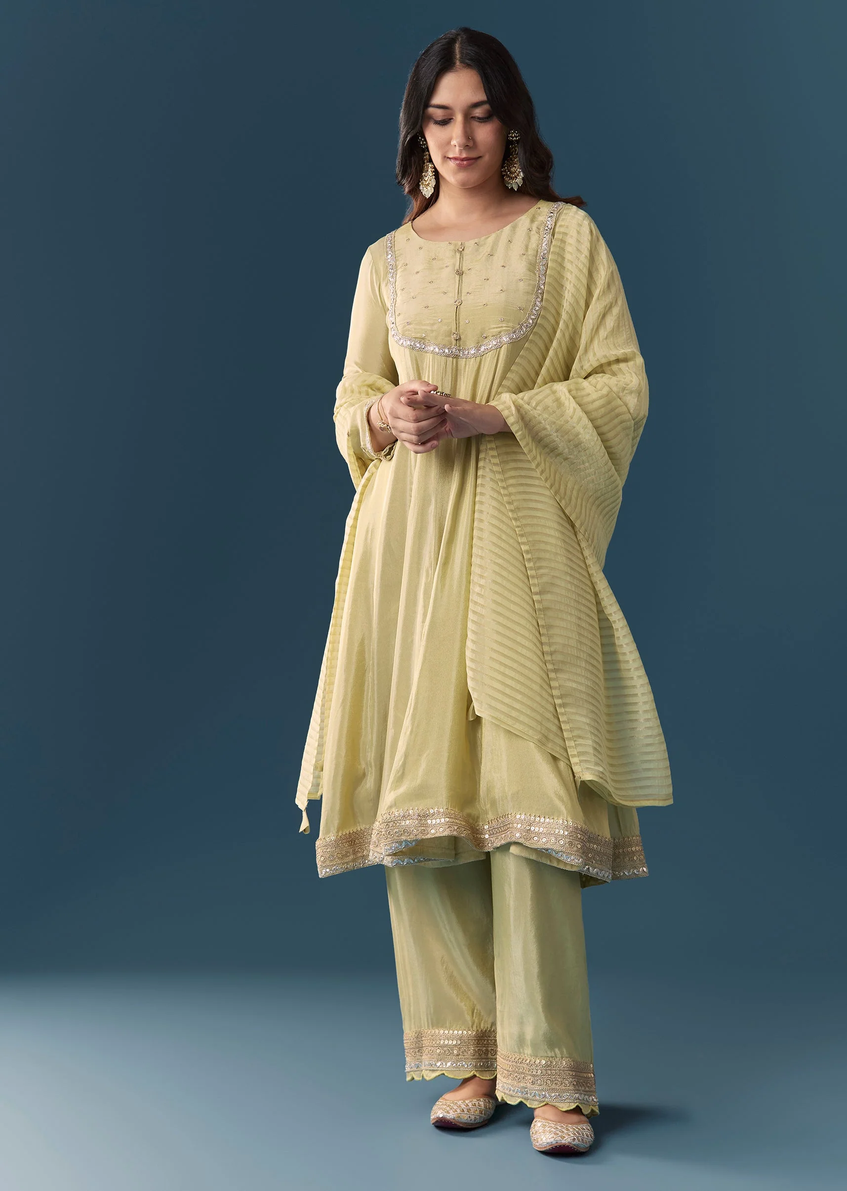Pista Green Gotta Lace Tissue Anarkali Suit Set With Pant And Dupatta - Image 3