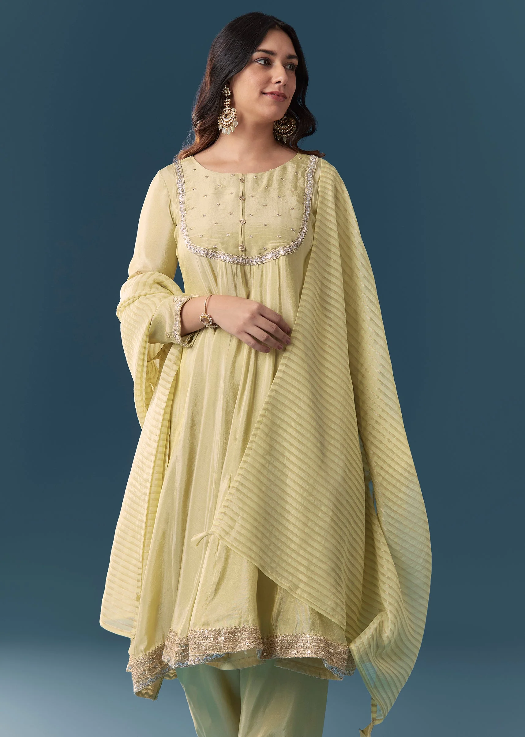 Pista Green Gotta Lace Tissue Anarkali Suit Set With Pant And Dupatta - Image 4