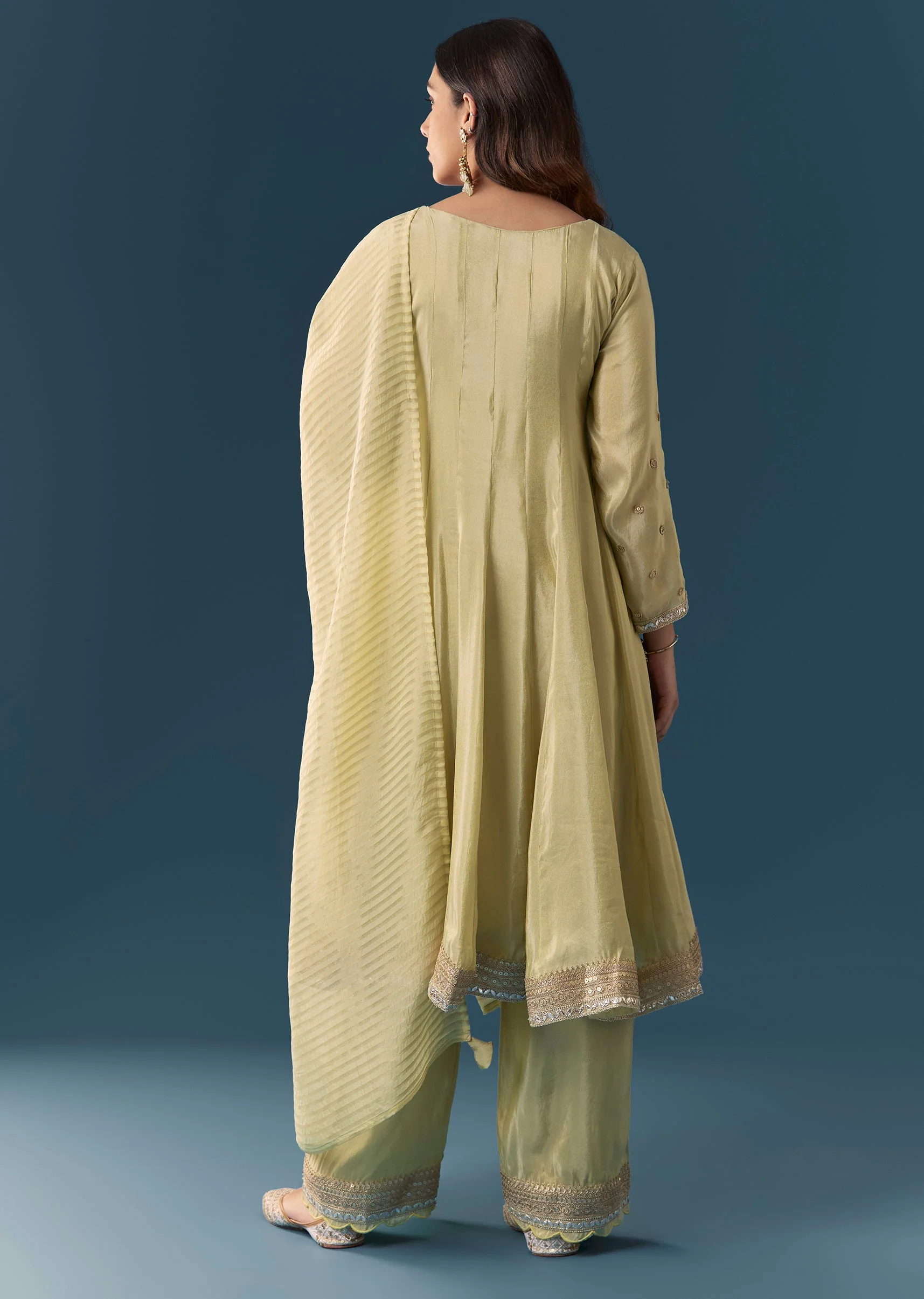 Pista Green Gotta Lace Tissue Anarkali Suit Set With Pant And Dupatta - Image 5