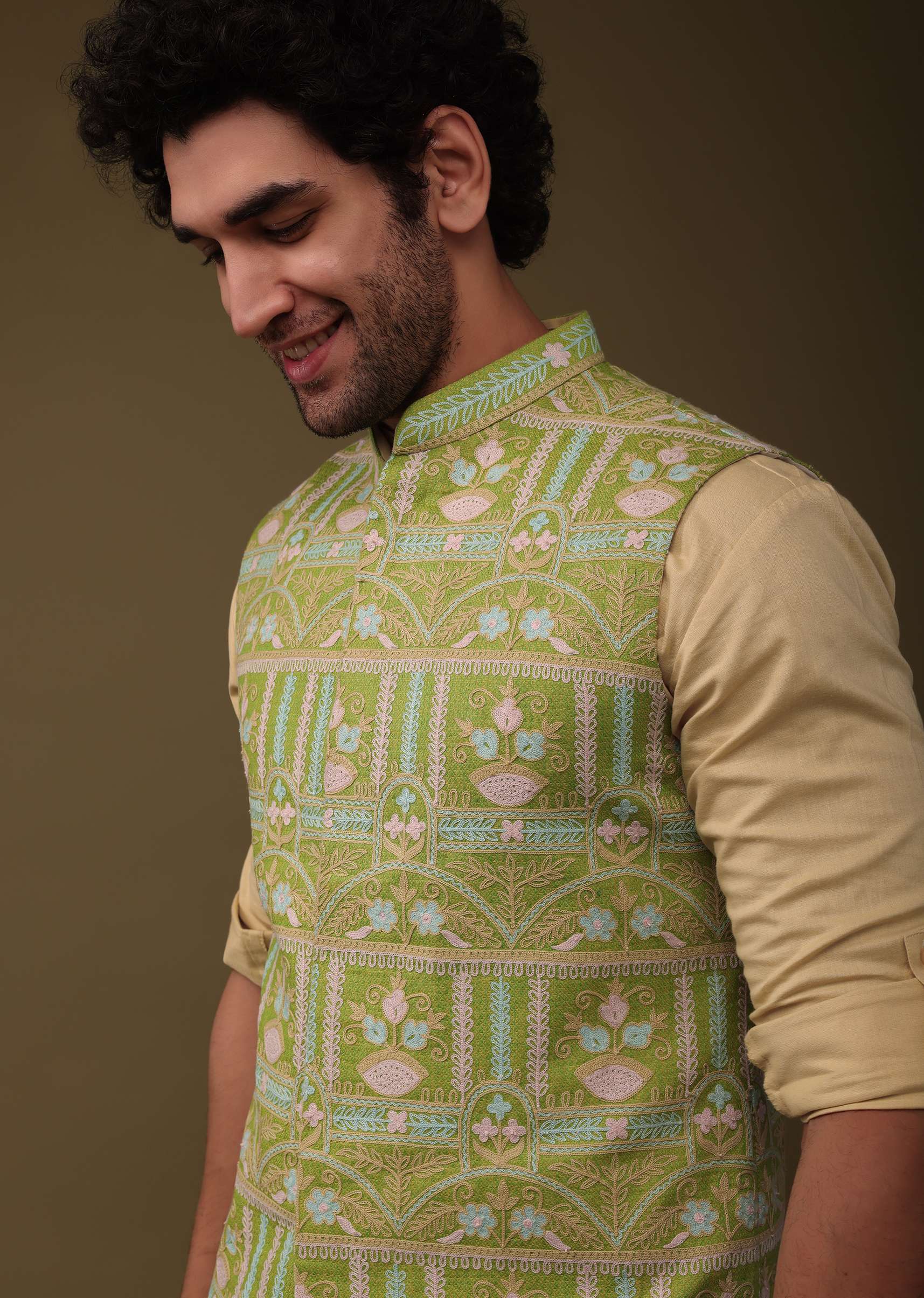 Pista Green Jacket Kurta Set In Viscose With Threadwork - Image 2