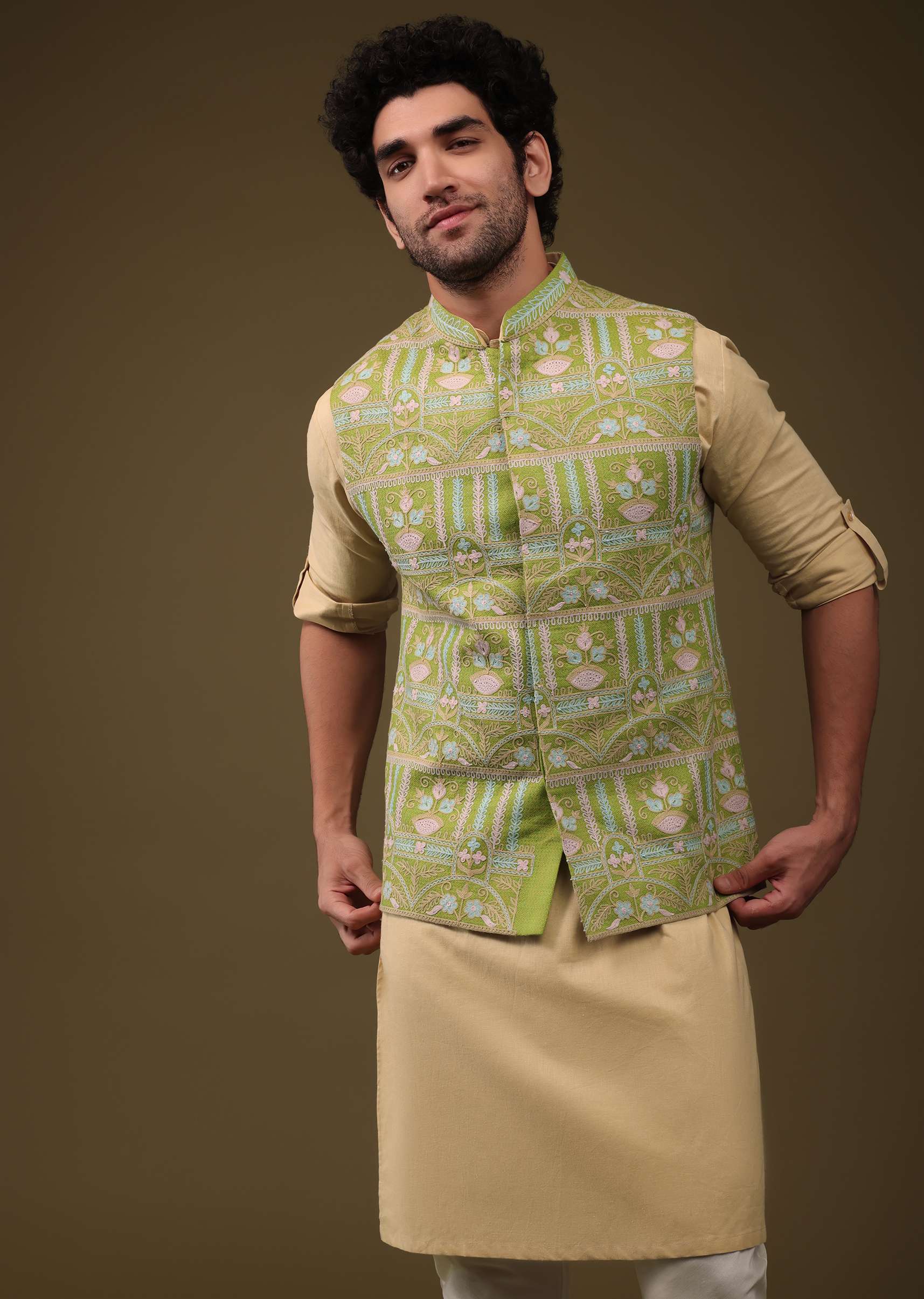 Pista Green Jacket Kurta Set In Viscose With Threadwork - Image 4