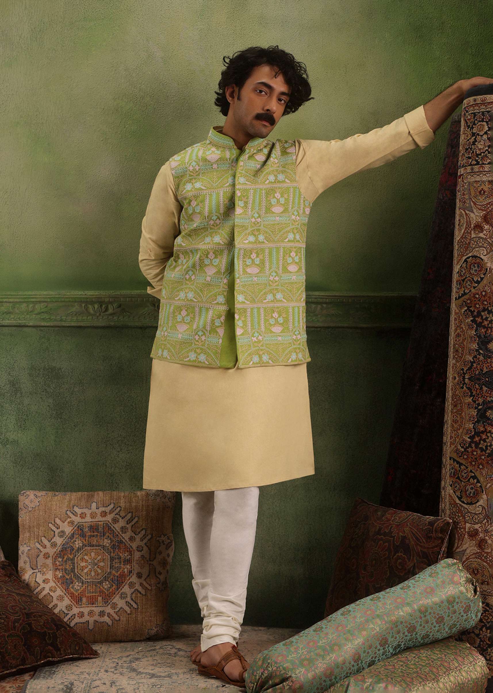 Pista Green Jacket Kurta Set In Viscose With Threadwork - Image 7