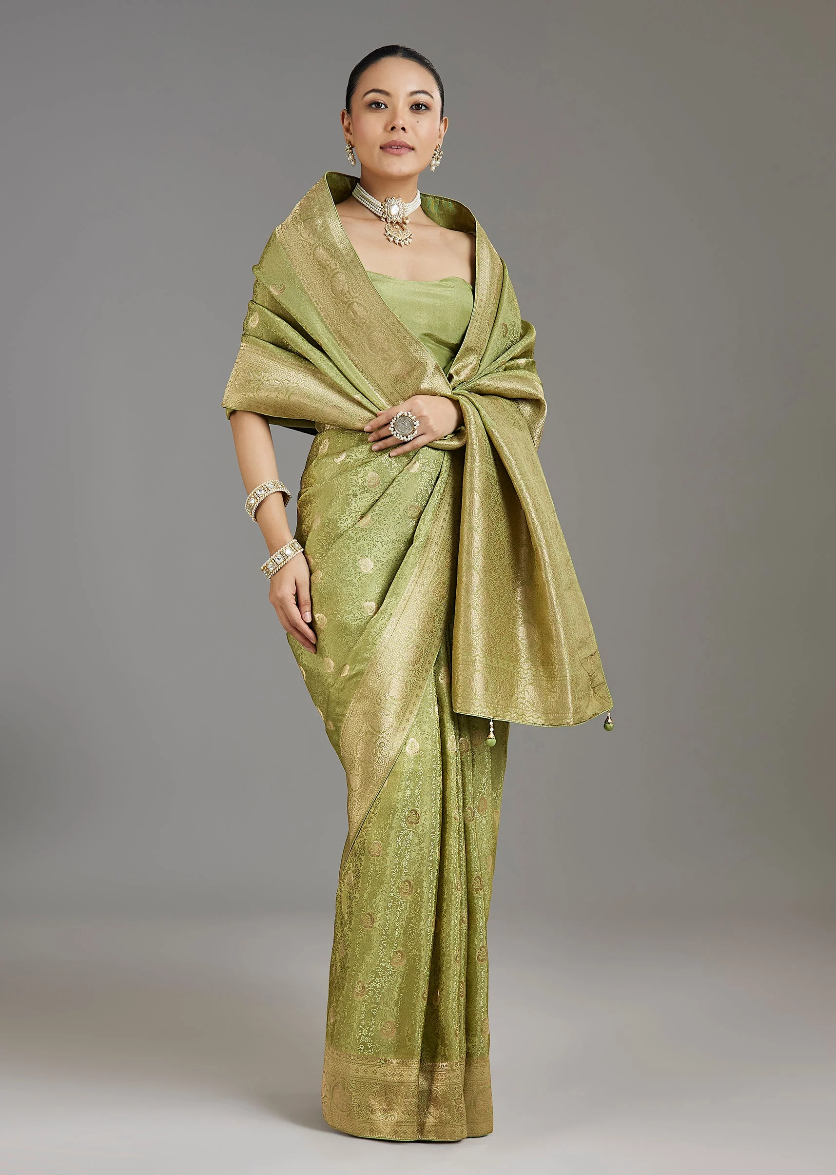Pista Green Jacquard Dola Silk Saree - Image 3