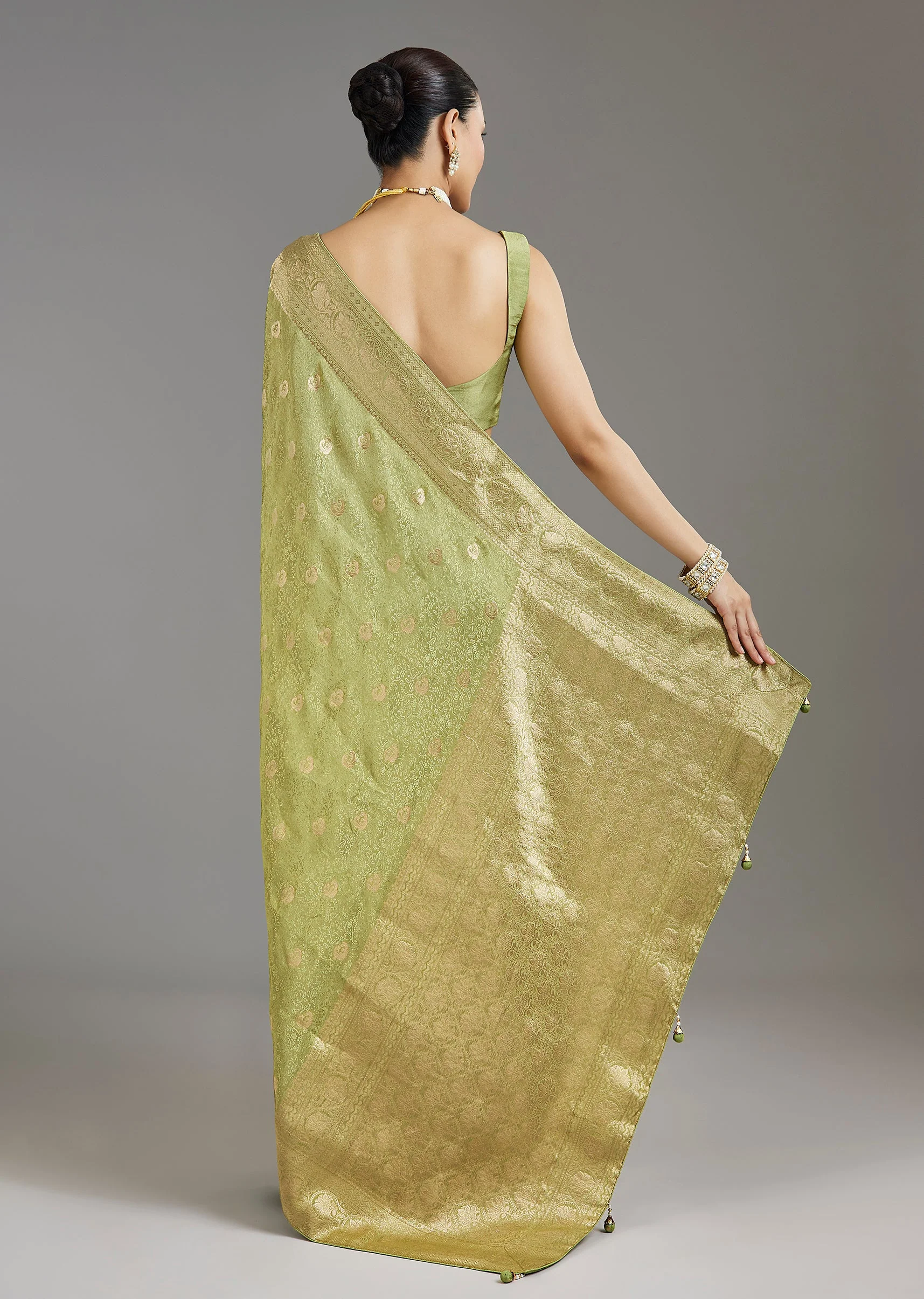 Pista Green Jacquard Dola Silk Saree - Image 4