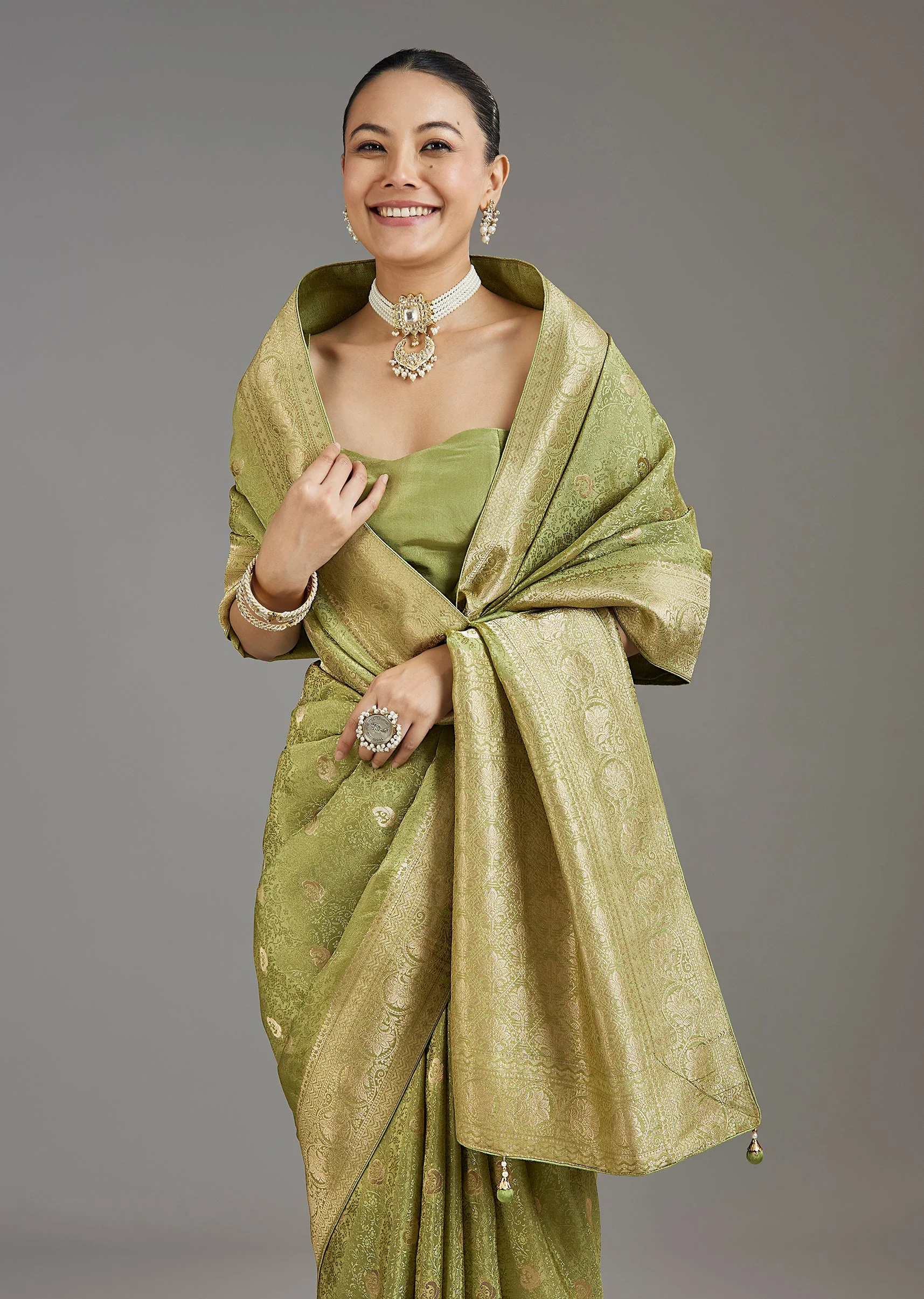 Pista Green Jacquard Dola Silk Saree - Image 5