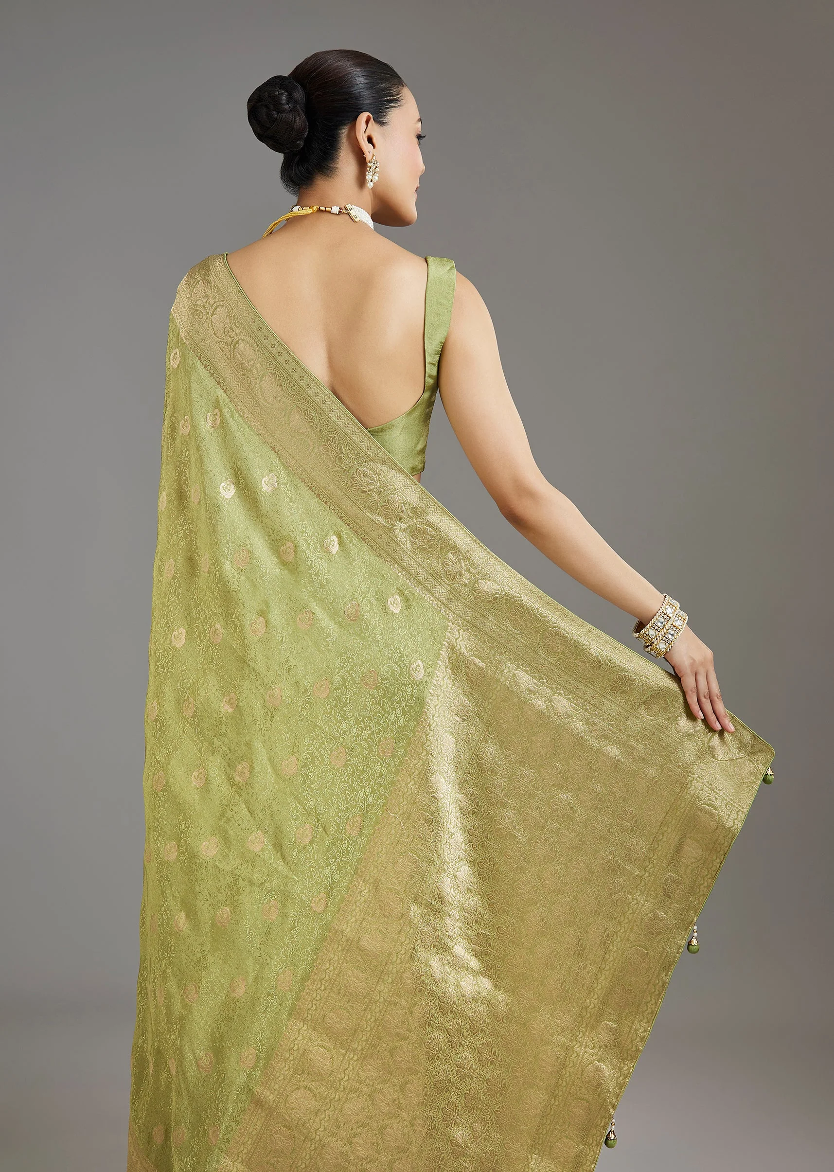 Pista Green Jacquard Dola Silk Saree - Image 6