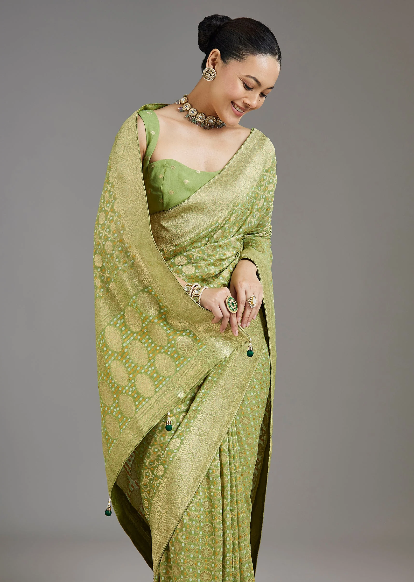 Pista Green Khadhi Georgette Saree - Image 5