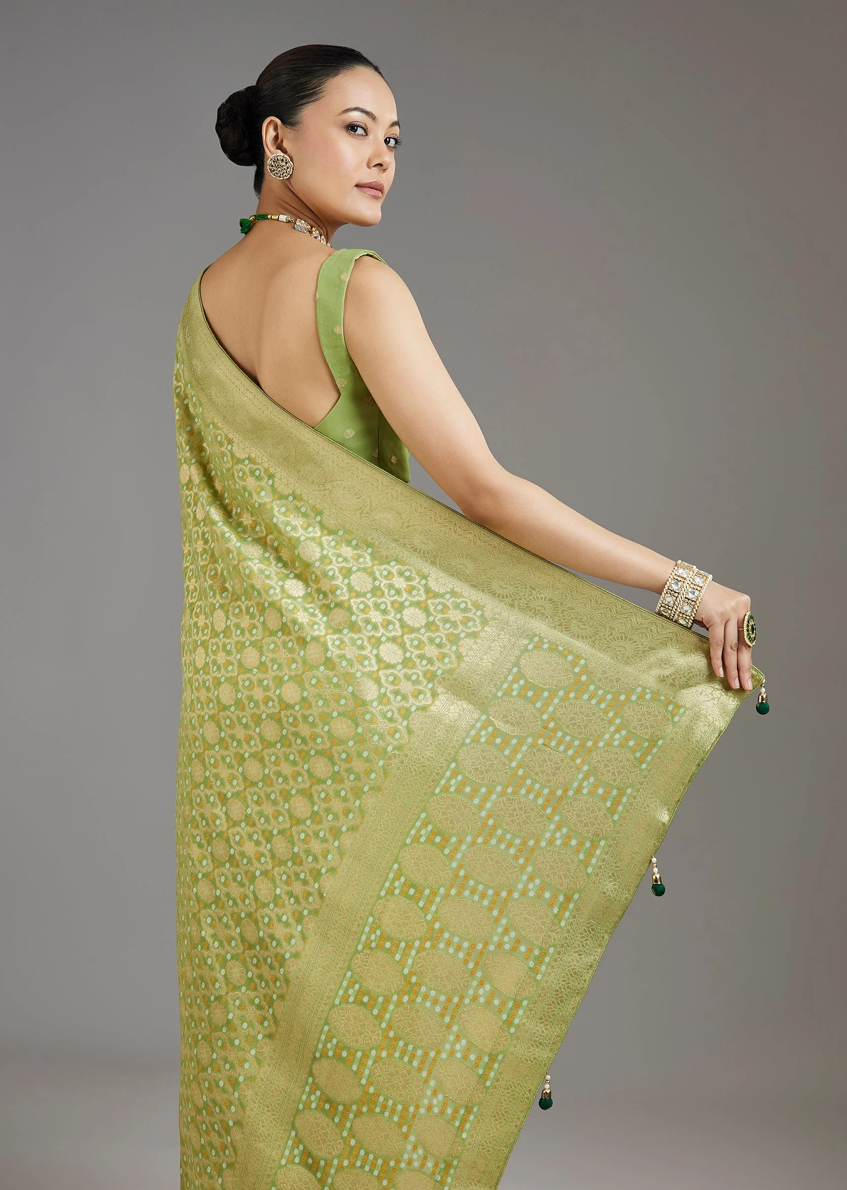 Pista Green Khadhi Georgette Saree - Image 6