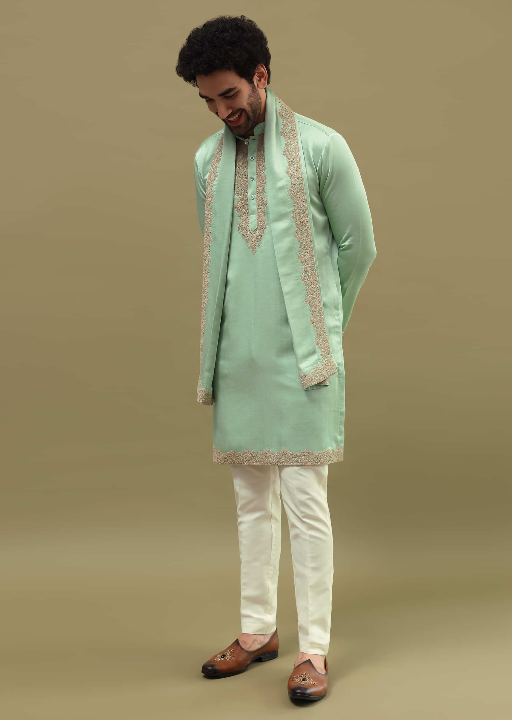 Pista Green Kurta Set In Resham Work With Dupatta For Men - Image 3