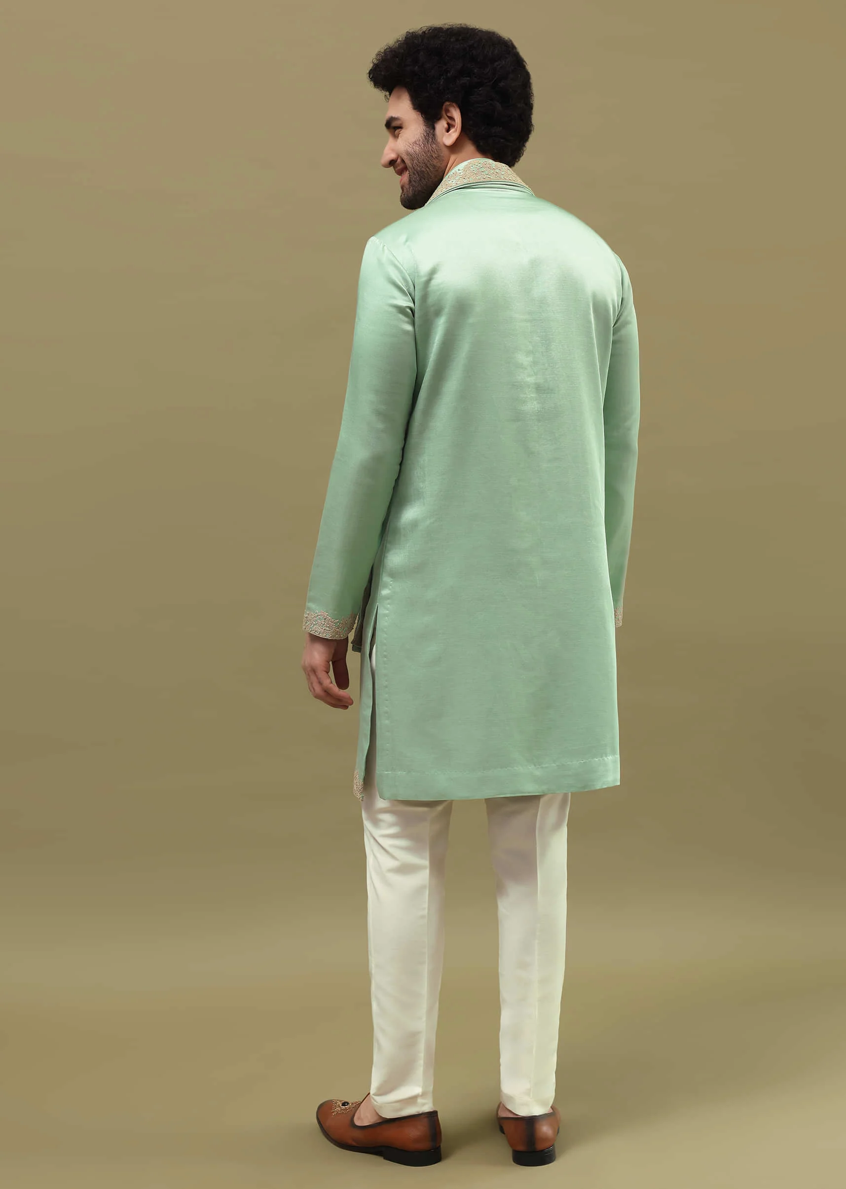 Pista Green Kurta Set In Resham Work With Dupatta For Men - Image 5