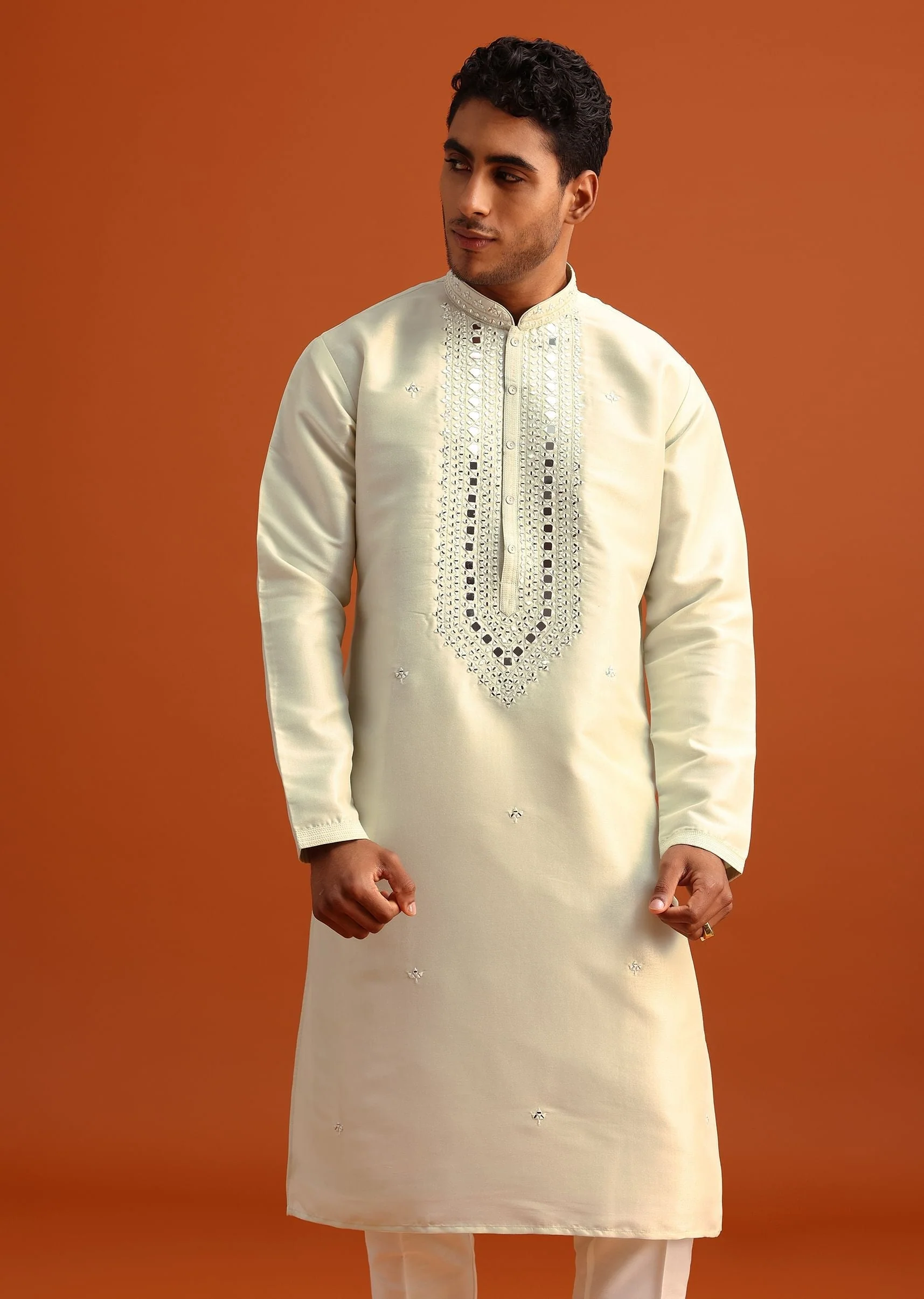 Pista Green Kurta Set In Silk With Mirror Embellishments - Image 3
