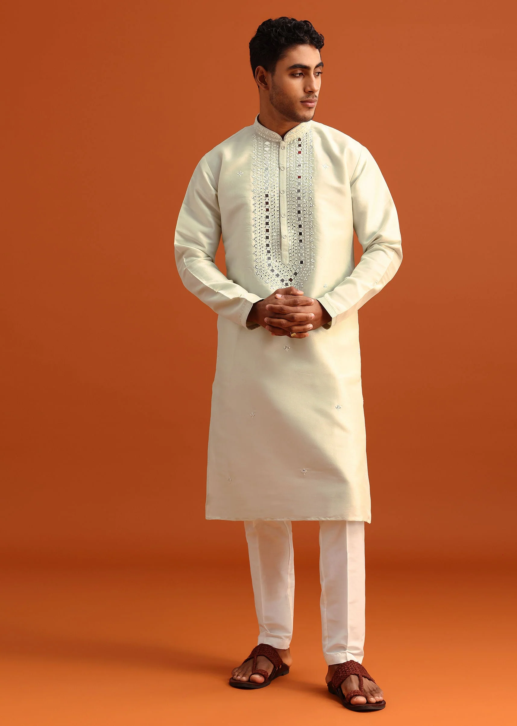Pista Green Kurta Set In Silk With Mirror Embellishments - Image 4