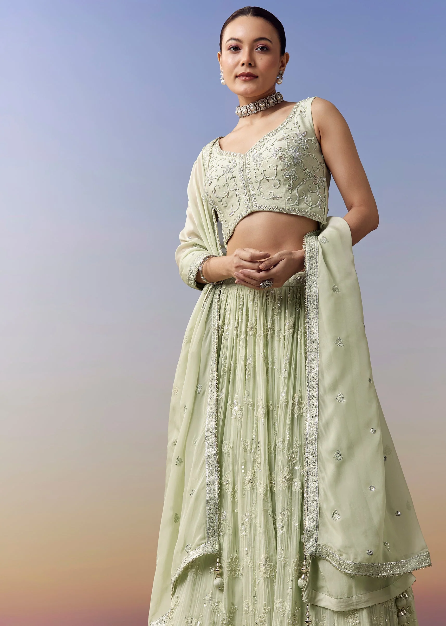 Pista Green Lehenga With Moti Sequins Cut Dana Work - Image 4