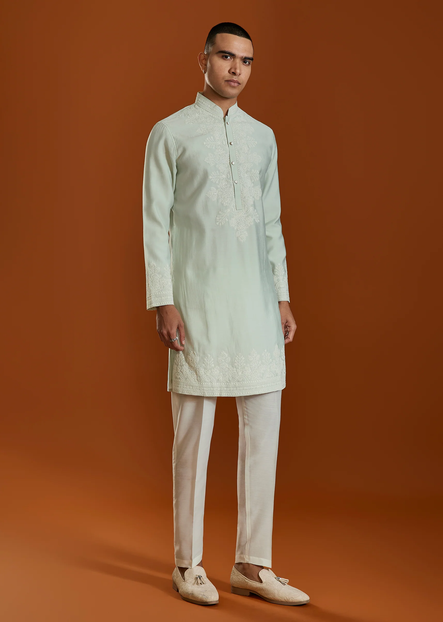 Pista Green Mens Kurta Set With Thread Work - Image 3