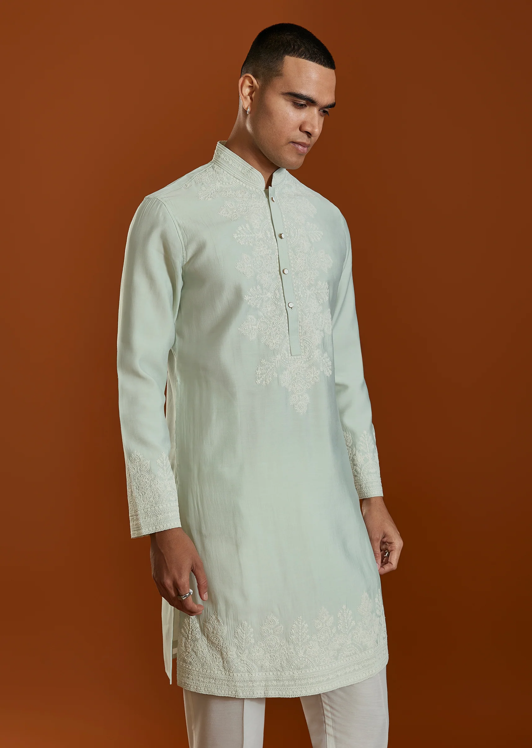Pista Green Mens Kurta Set With Thread Work - Image 4