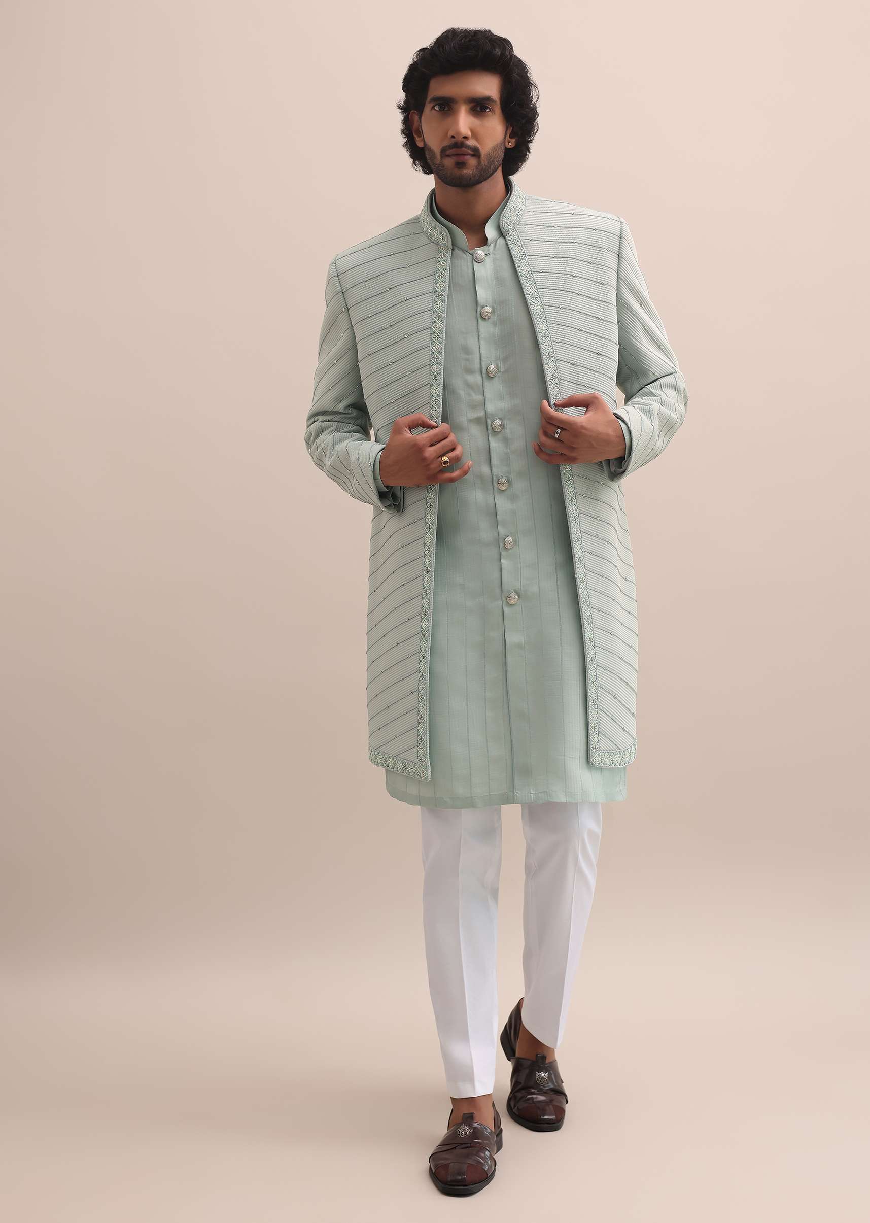 Pista Green Moti Embroidered Indowestern For Men - Image 9