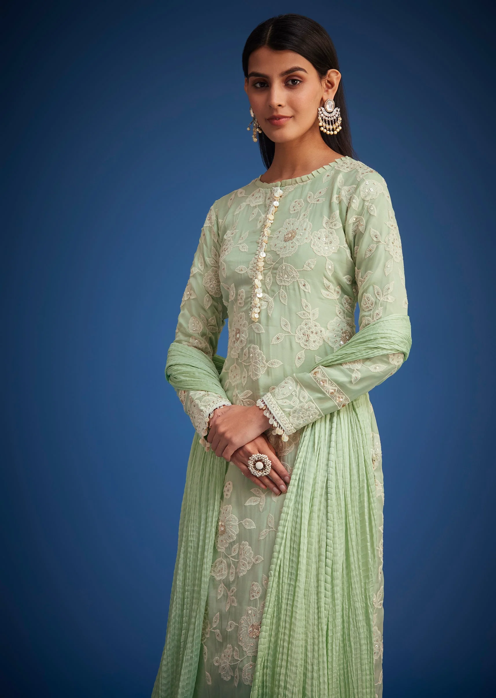 Pista Green Organza Embroidered Straight Kurta Set - Image 4