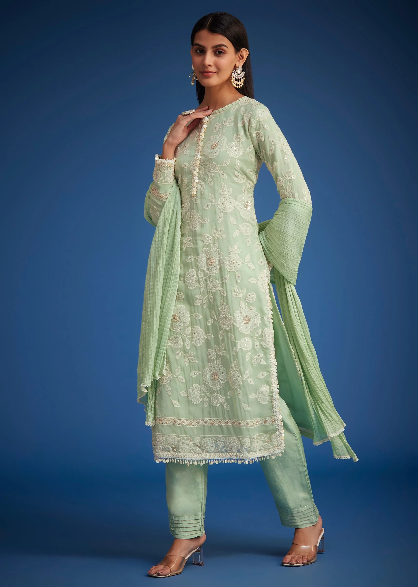 Pista Green Organza Embroidered Straight Kurta Set - Image 7