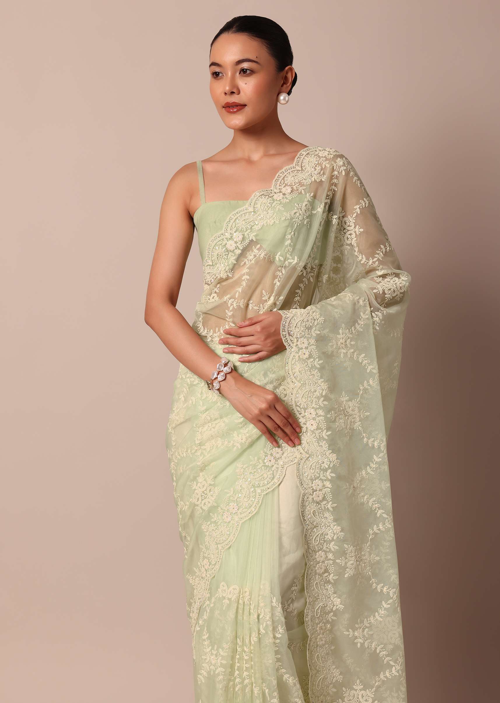Pista Green Organza Silk Chikankari Saree With Floral Thread Jaal Work And Unstitched Blouse Fabric - Image 2