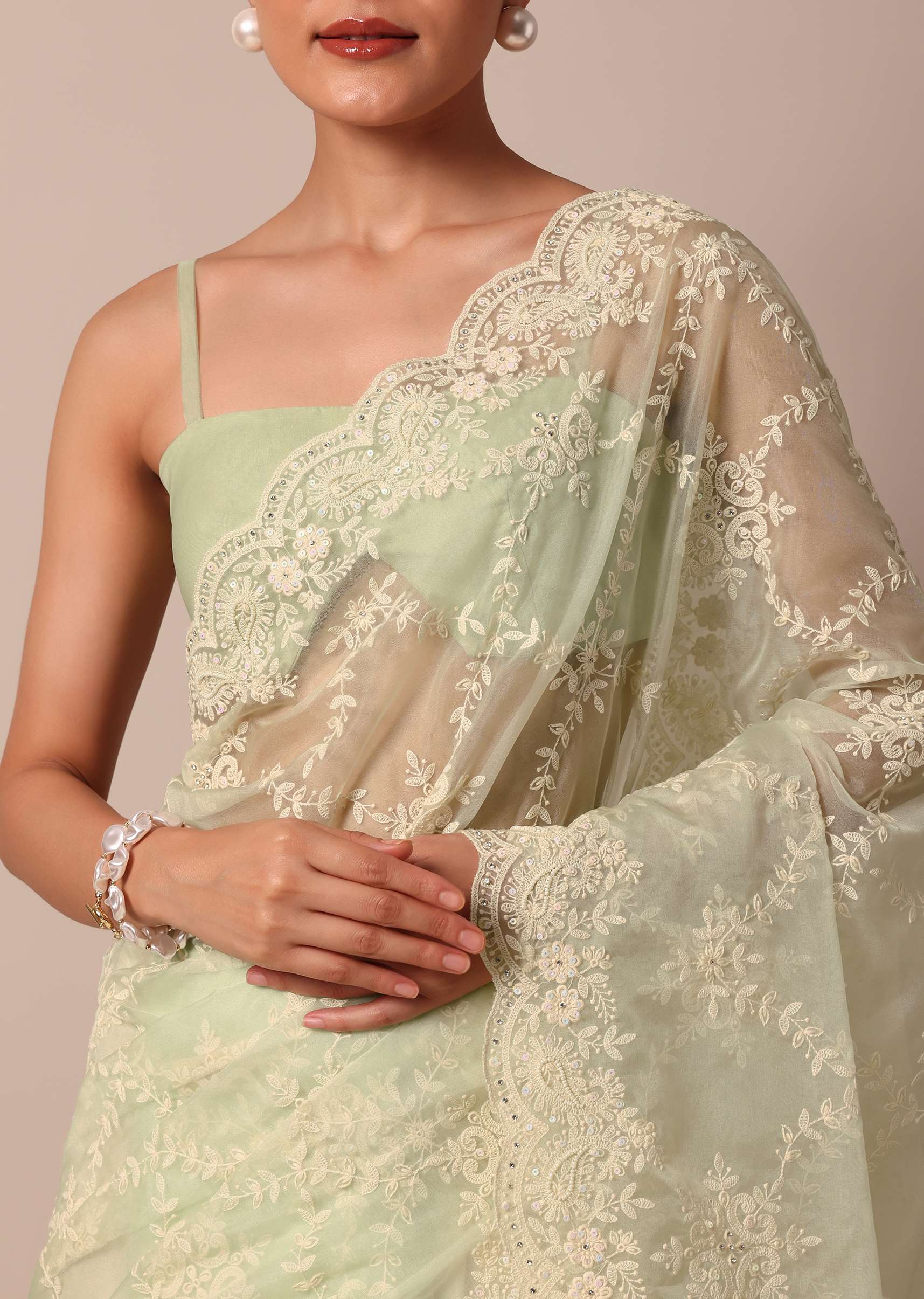 Pista Green Organza Silk Chikankari Saree With Floral Thread Jaal Work And Unstitched Blouse Fabric - Image 5