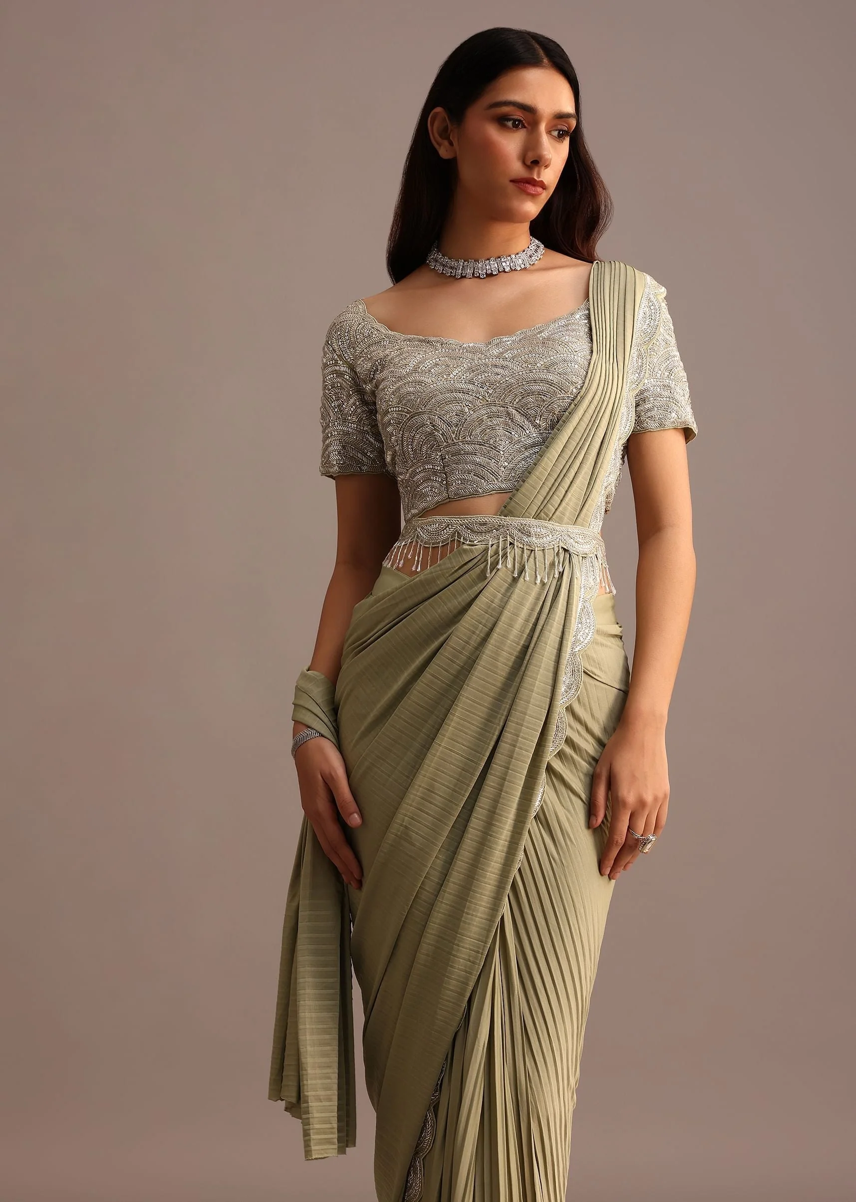 Pista Green Pre Draped Saree With Embroidered Blouse And Belt - Image 2