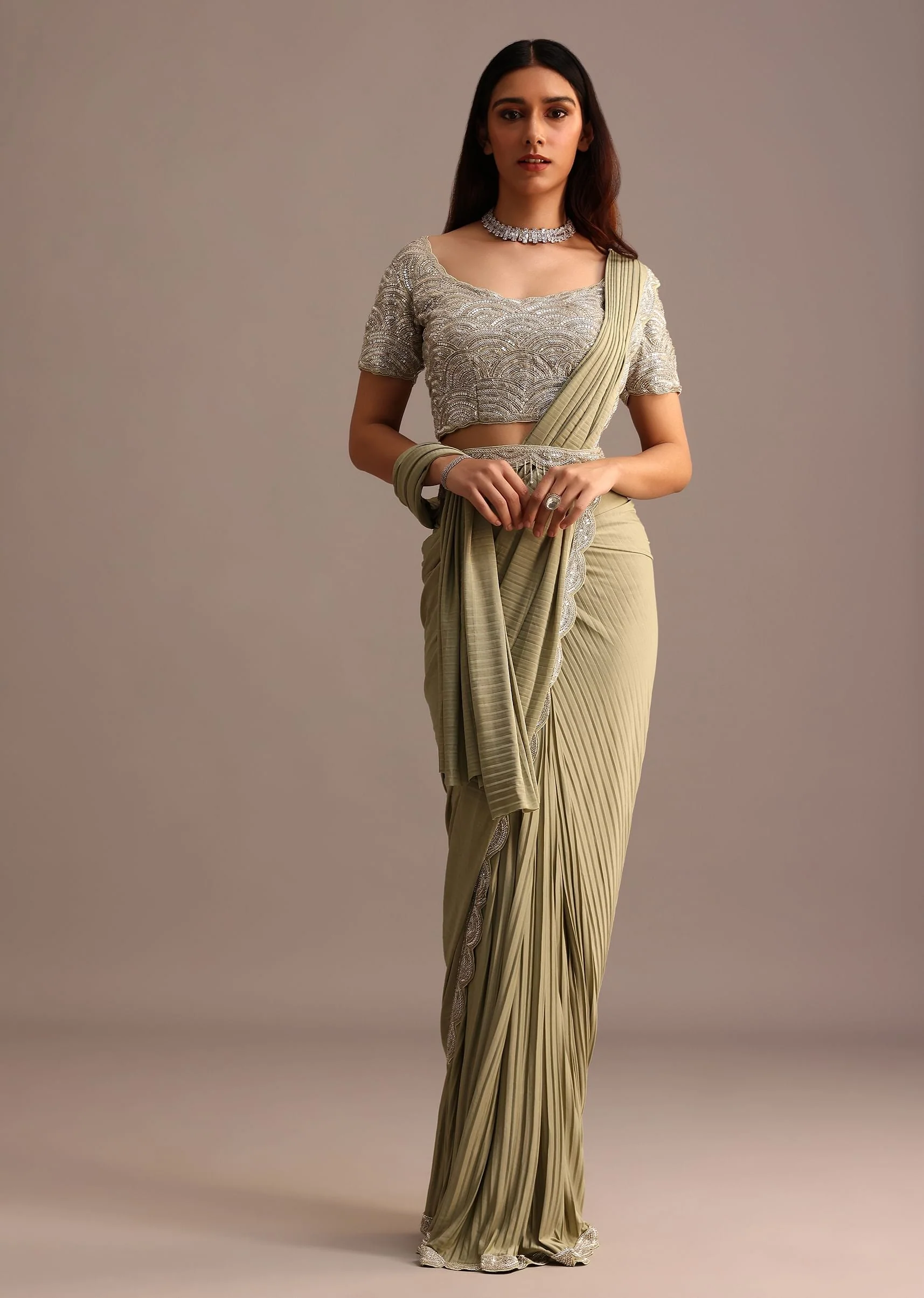 Pista Green Pre Draped Saree With Embroidered Blouse And Belt - Image 3