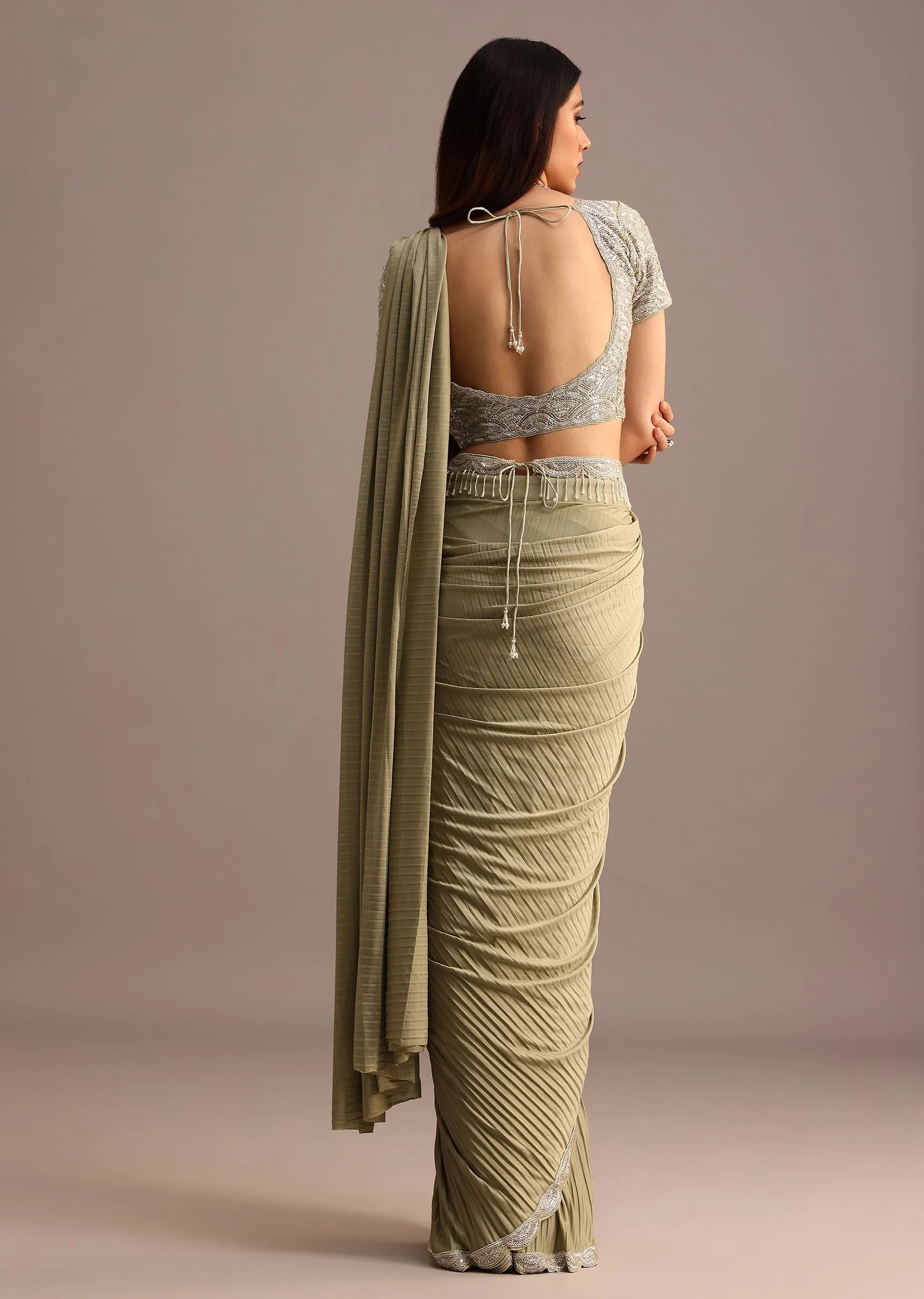 Pista Green Pre Draped Saree With Embroidered Blouse And Belt - Image 4
