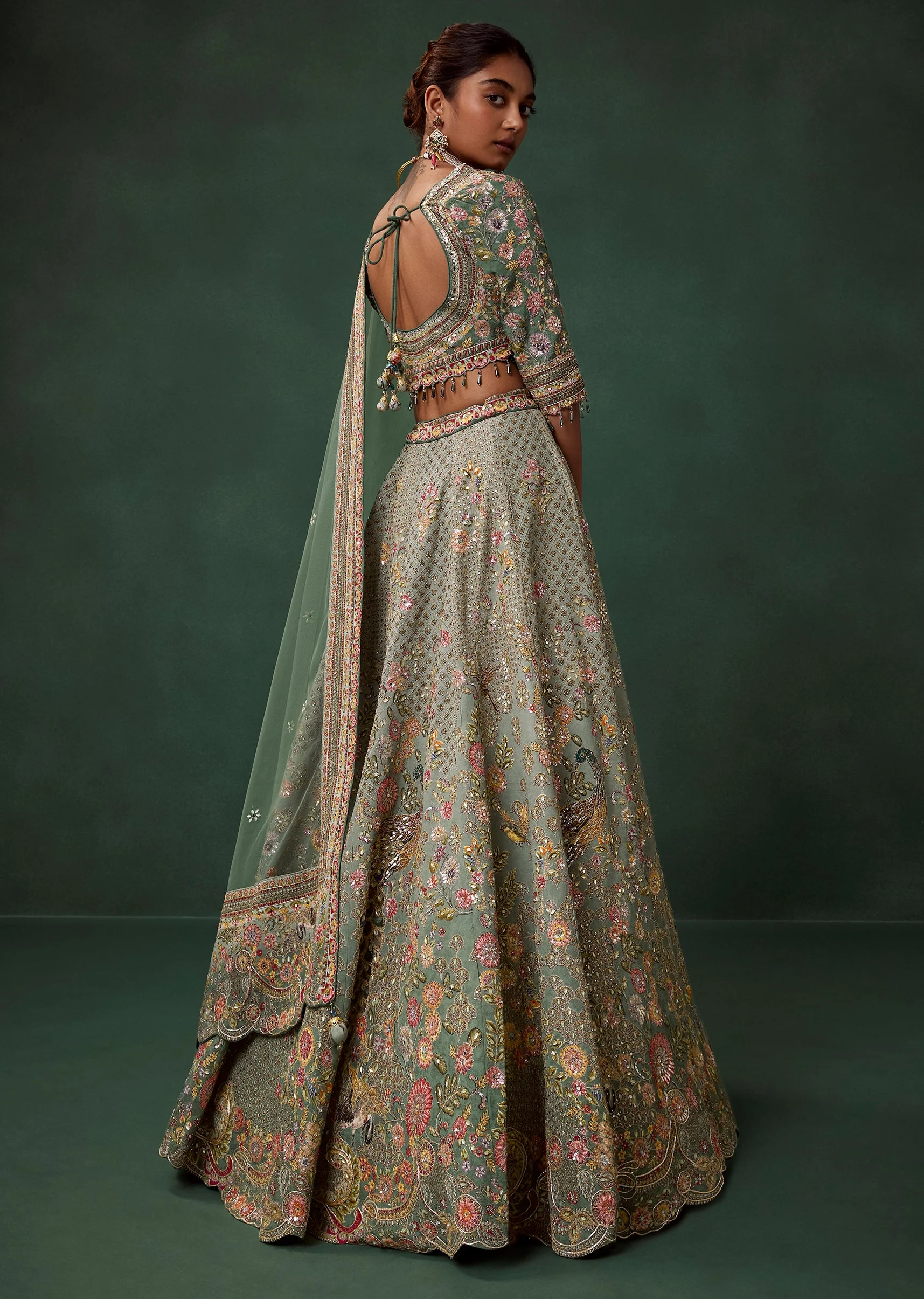 Pista Green Printed Georgette Kali Bridal Lehenga Set with Embroidery - Image 2