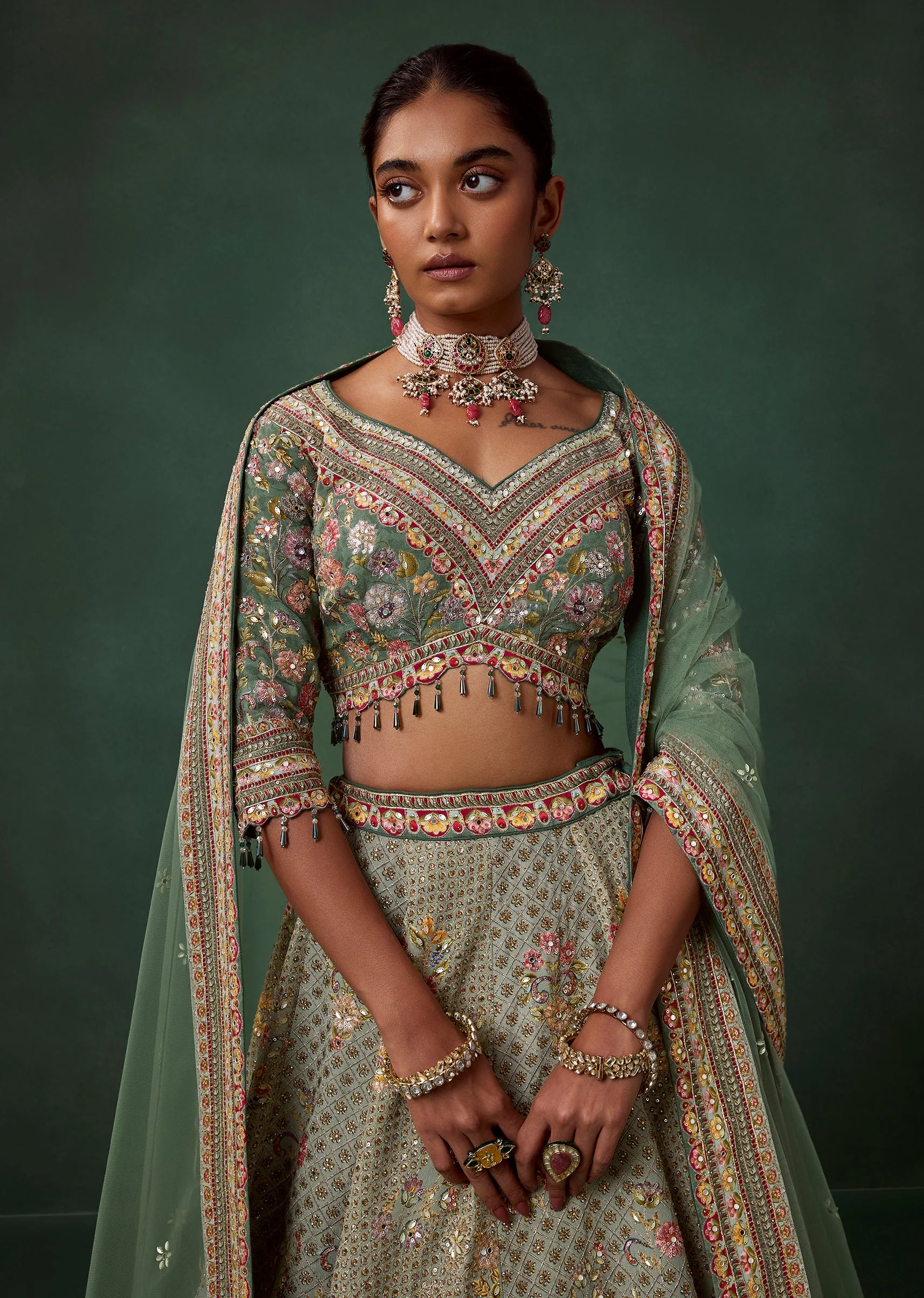 Pista Green Printed Georgette Kali Bridal Lehenga Set with Embroidery - Image 3