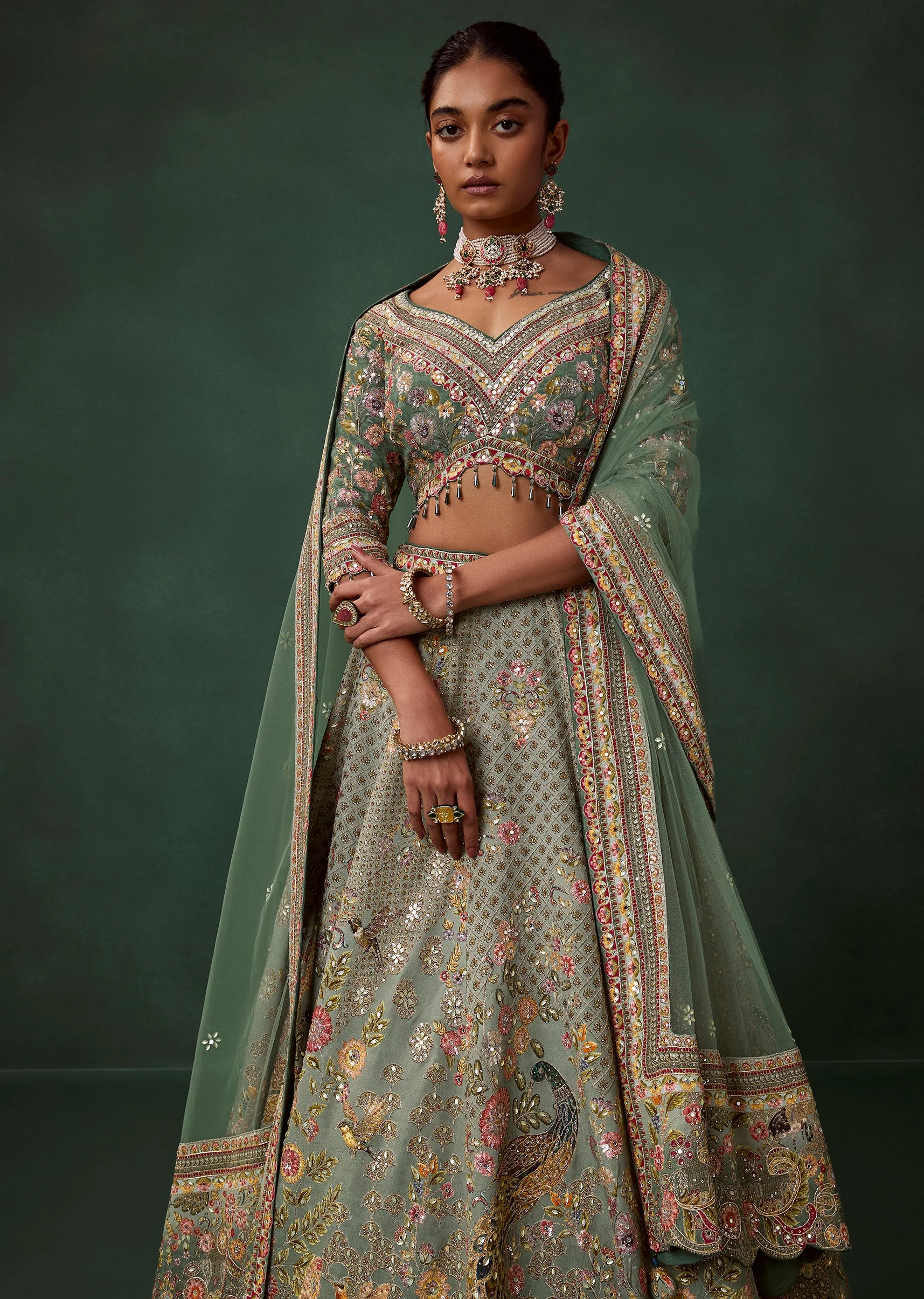 Pista Green Printed Georgette Kali Bridal Lehenga Set with Embroidery - Image 5