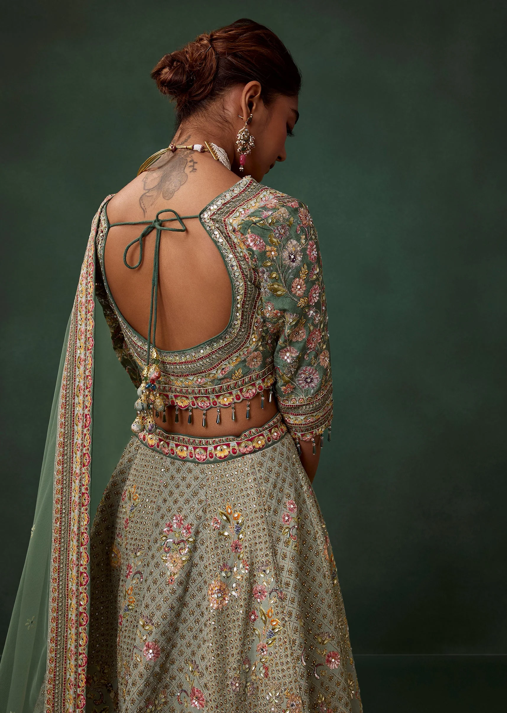 Pista Green Printed Georgette Kali Bridal Lehenga Set with Embroidery - Image 6