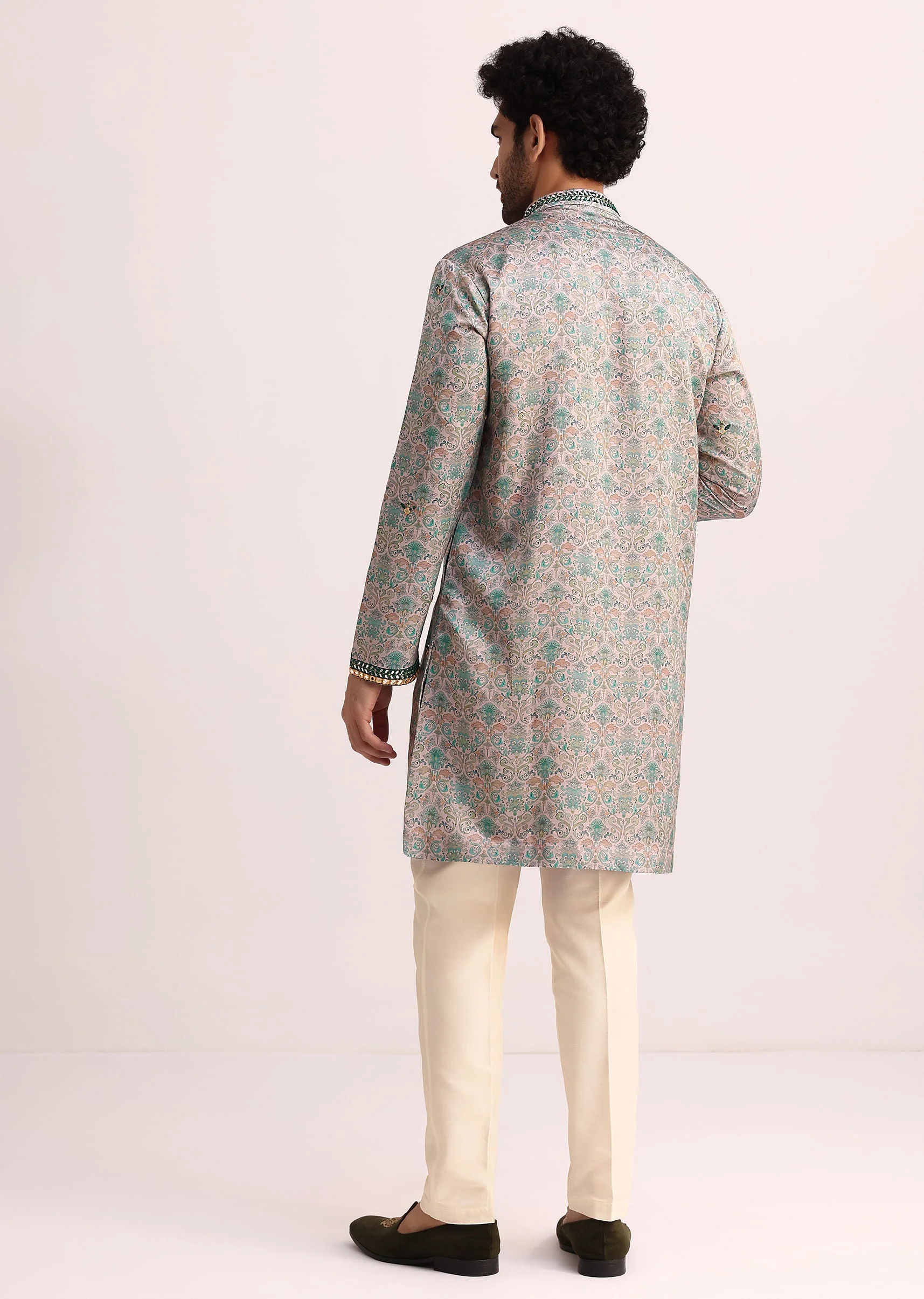 Pista Green Printed Kurta Set With Mirror Work - Image 5