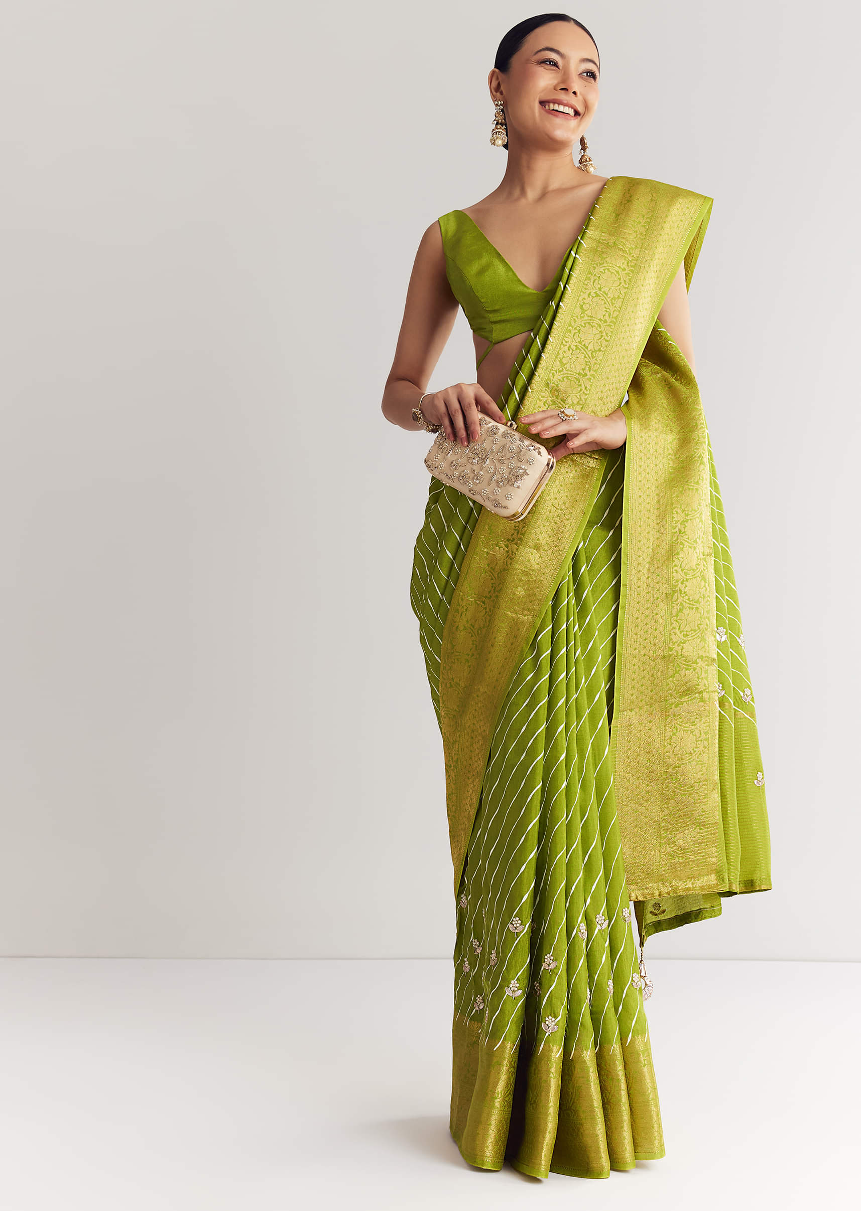 Pista Green Saree With Lehariya Print And Floral Gotapatti And Moti Work. - Image 2