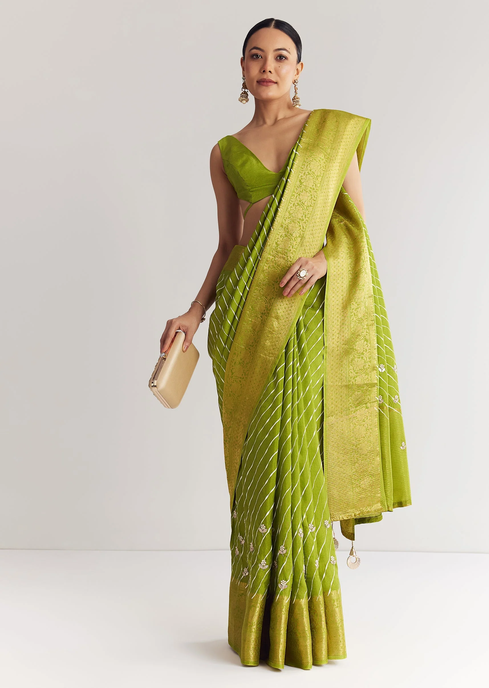 Pista Green Saree With Lehariya Print And Floral Gotapatti And Moti Work. - Image 5