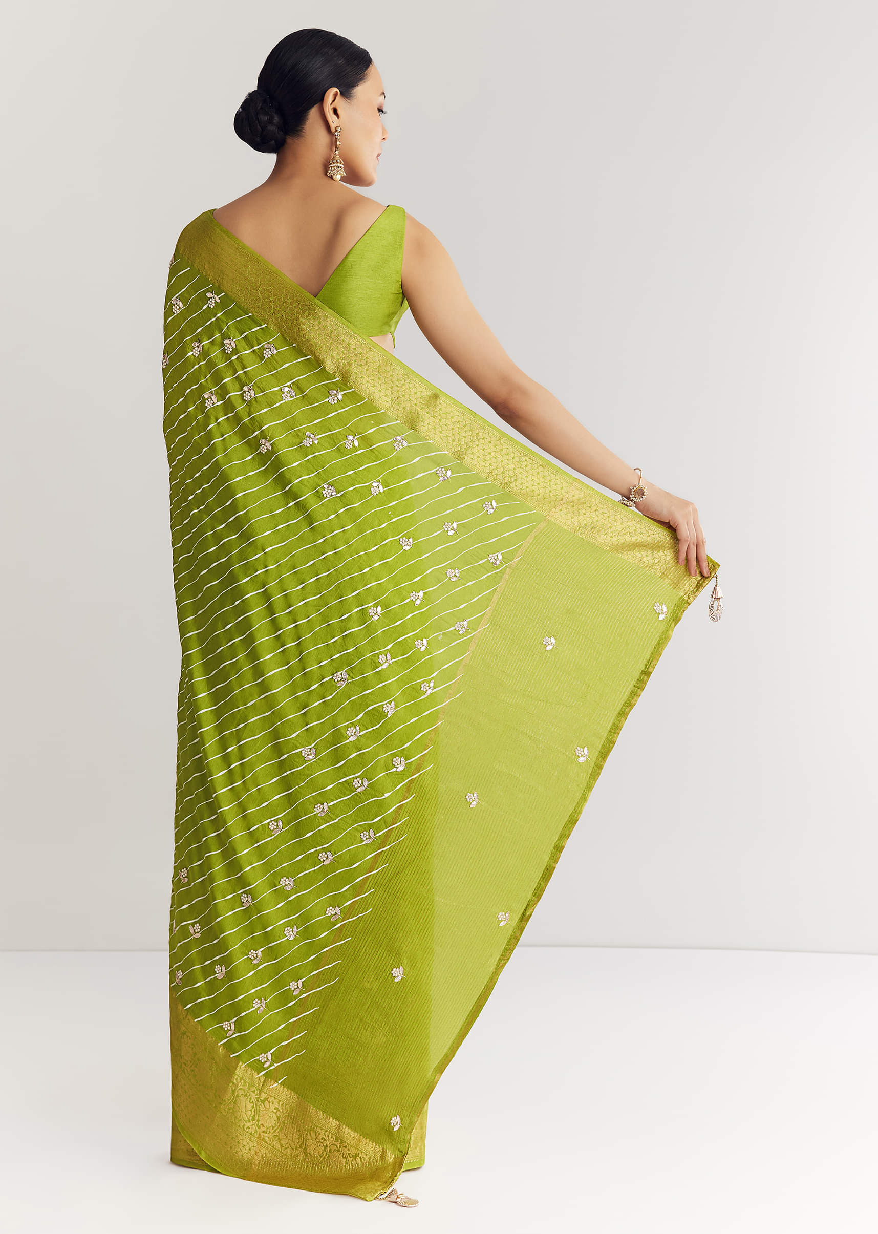 Pista Green Saree With Lehariya Print And Floral Gotapatti And Moti Work. - Image 6