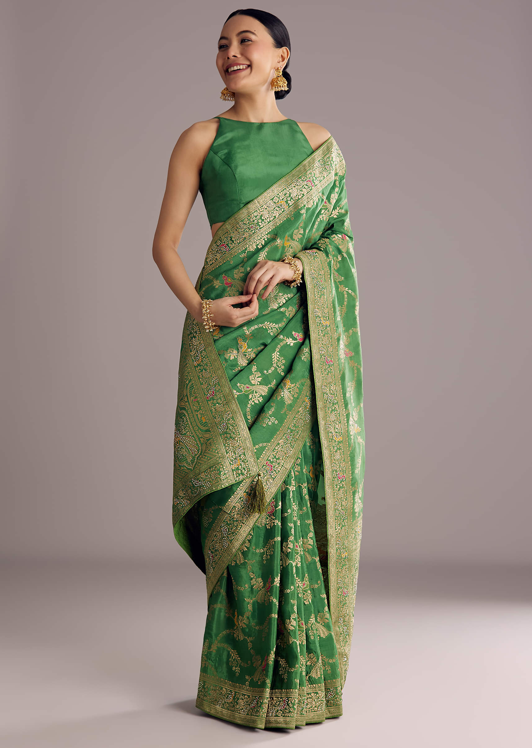 Pista Green Saree With Zari Jaal Weave And Stone Embellishments - Image 2