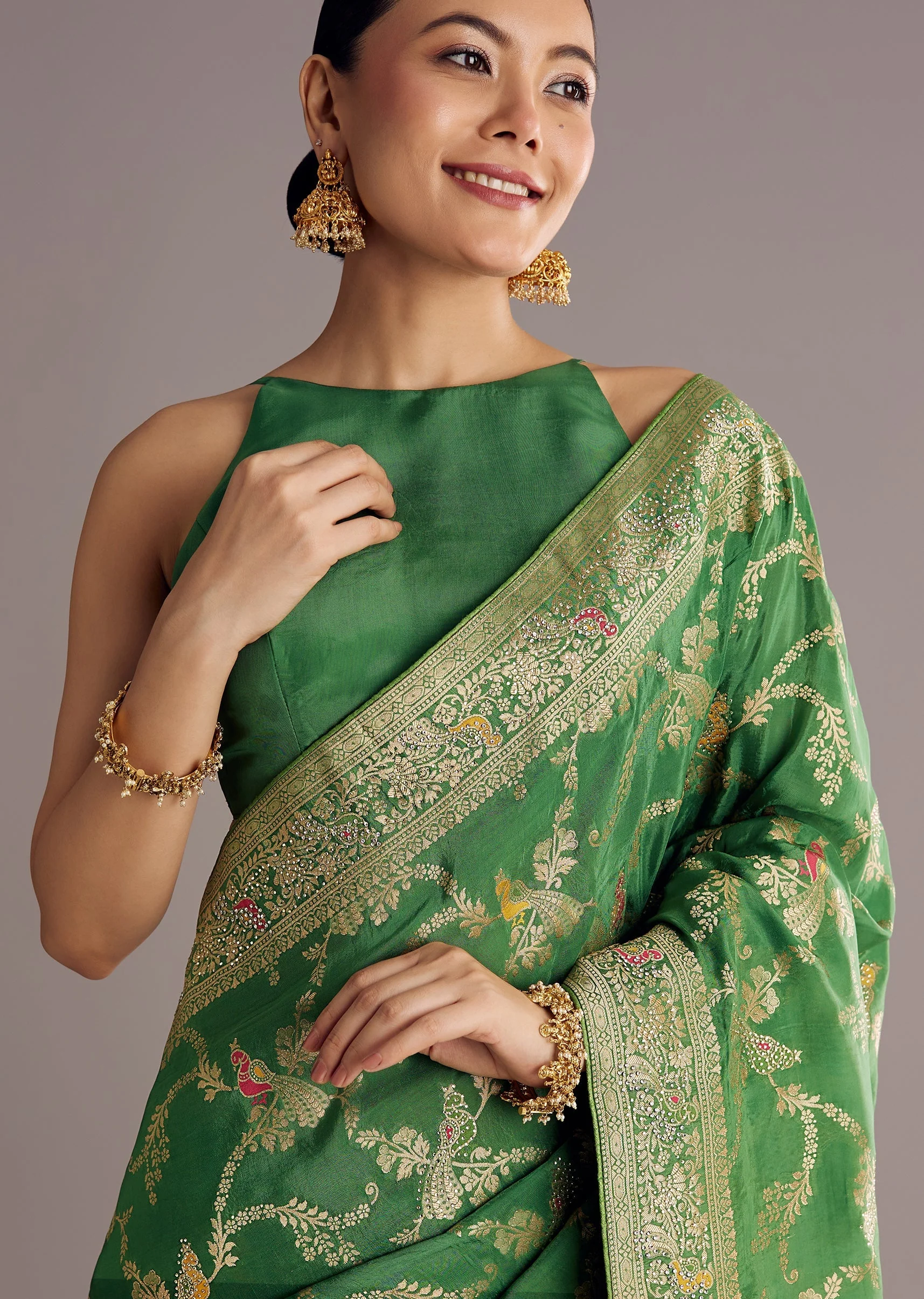Pista Green Saree With Zari Jaal Weave And Stone Embellishments - Image 3
