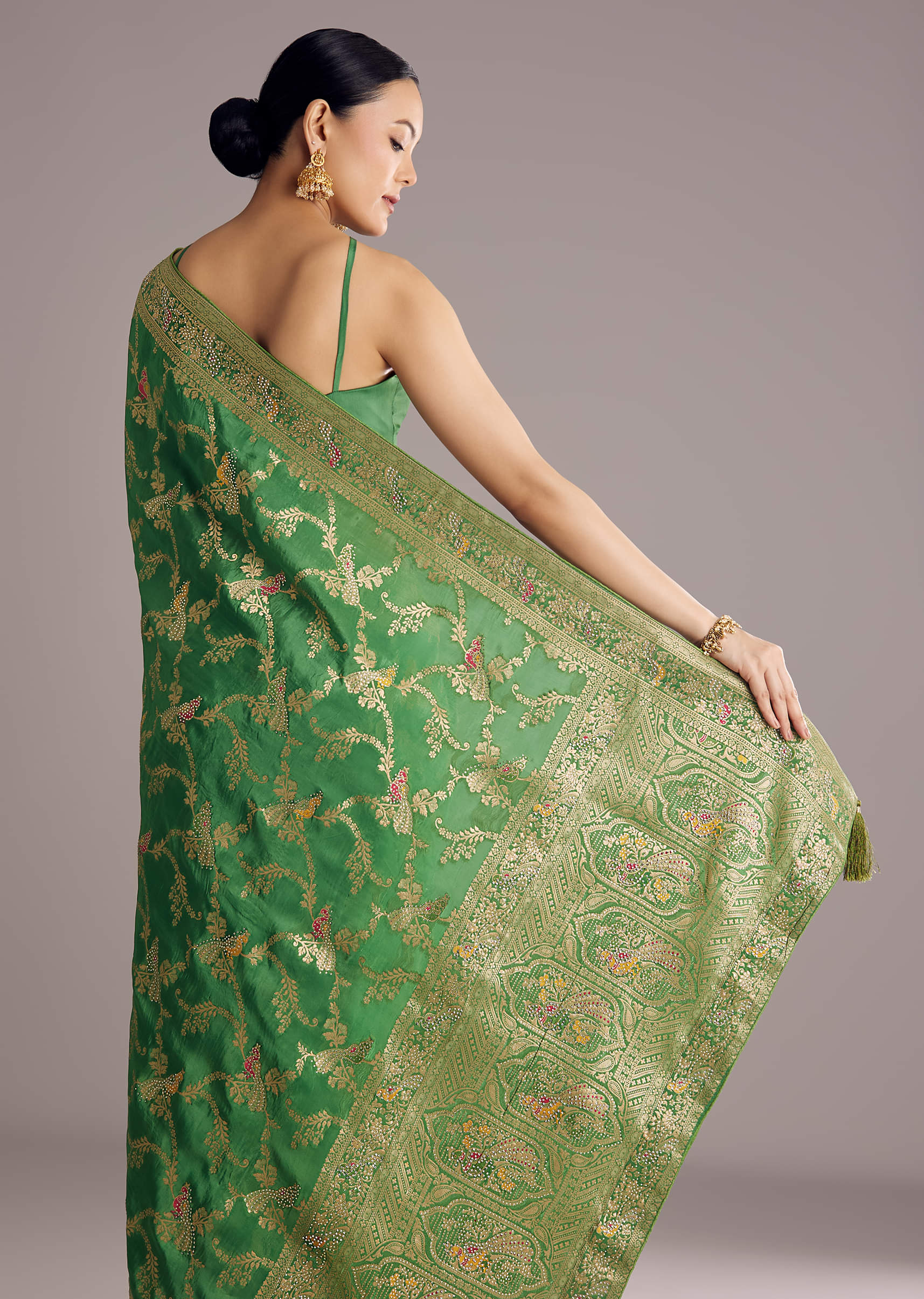 Pista Green Saree With Zari Jaal Weave And Stone Embellishments - Image 4