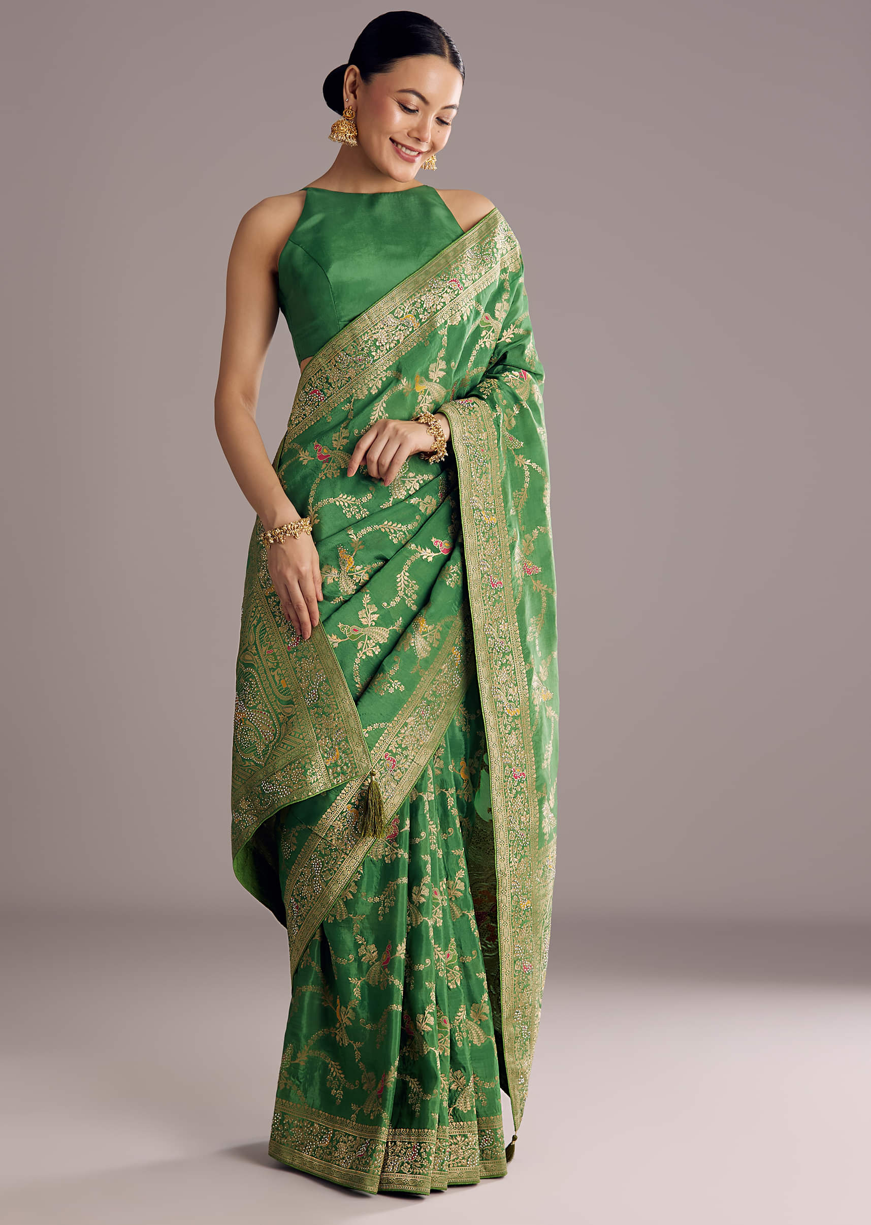 Pista Green Saree With Zari Jaal Weave And Stone Embellishments - Image 5