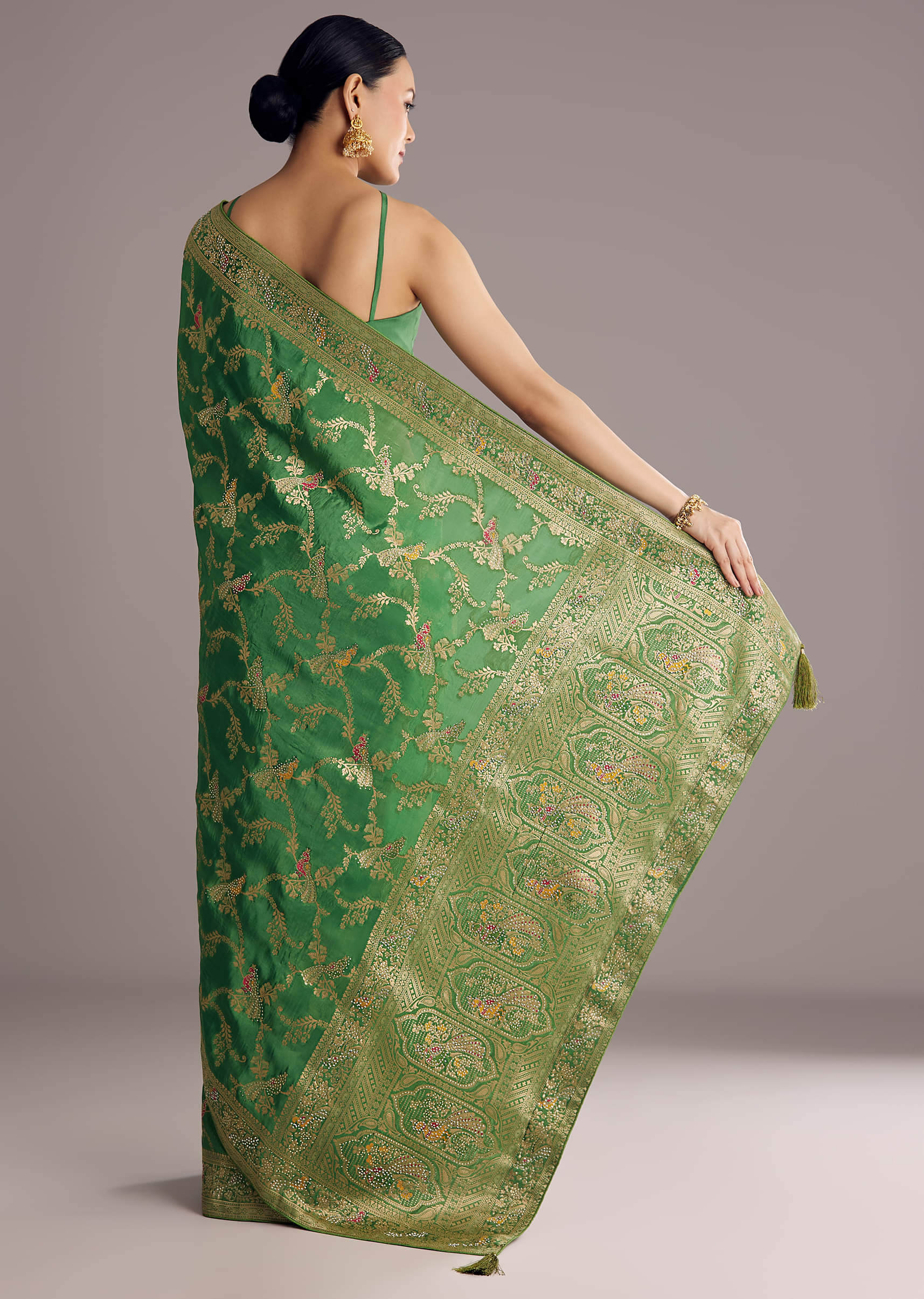 Pista Green Saree With Zari Jaal Weave And Stone Embellishments - Image 6