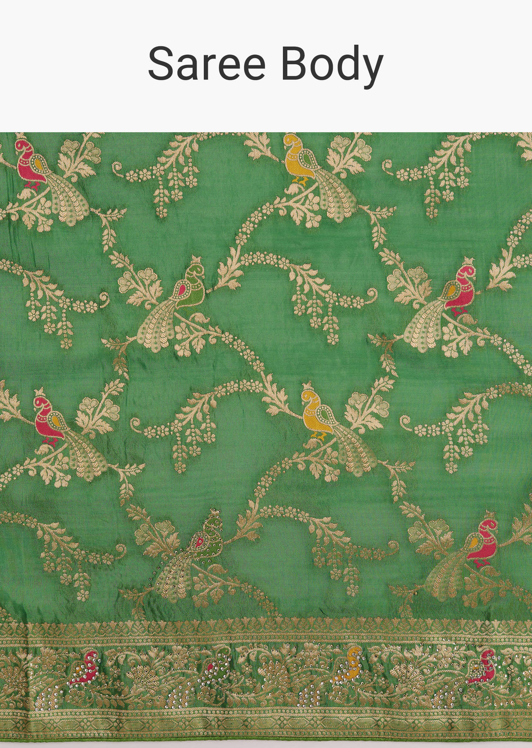 Pista Green Saree With Zari Jaal Weave And Stone Embellishments - Image 9
