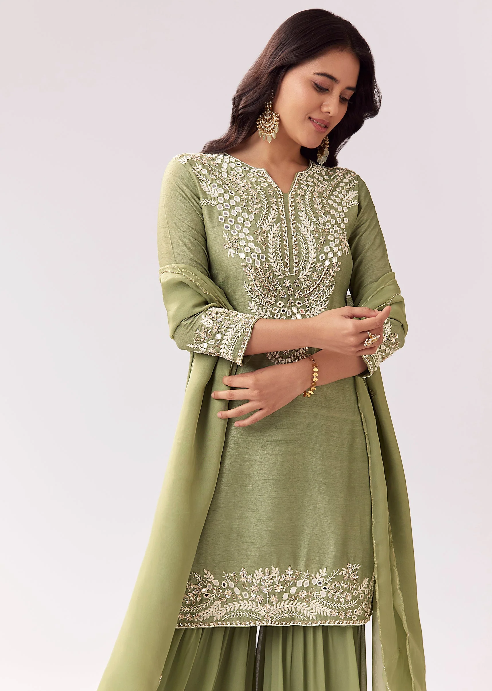 Pista Green Sharara Set With Mirror And Sequin Detailing - Image 4