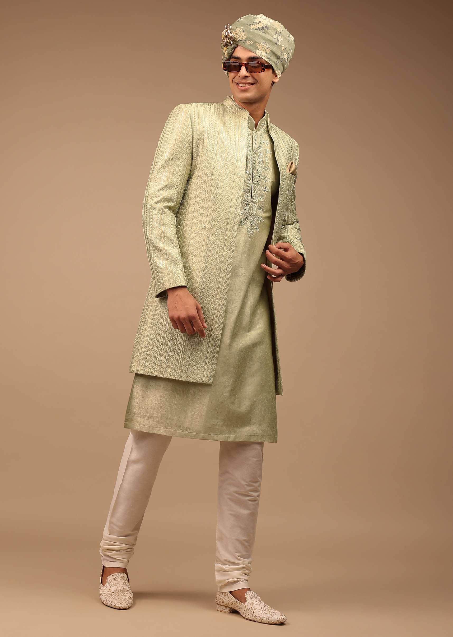 Pista Green Sherwani With Intricate Resham And Mirror Work