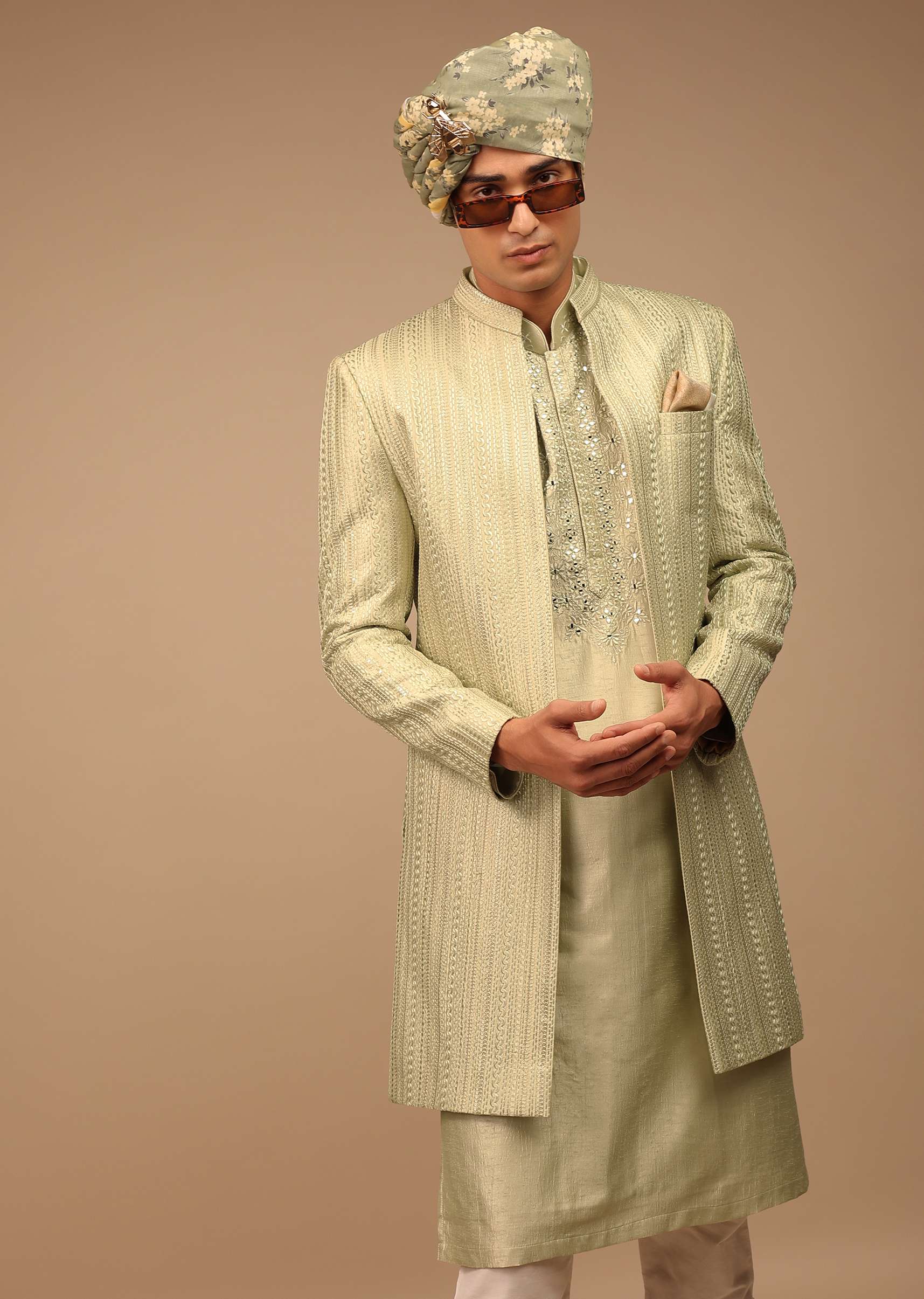 Pista Green Sherwani With Intricate Resham And Mirror Work - Image 5