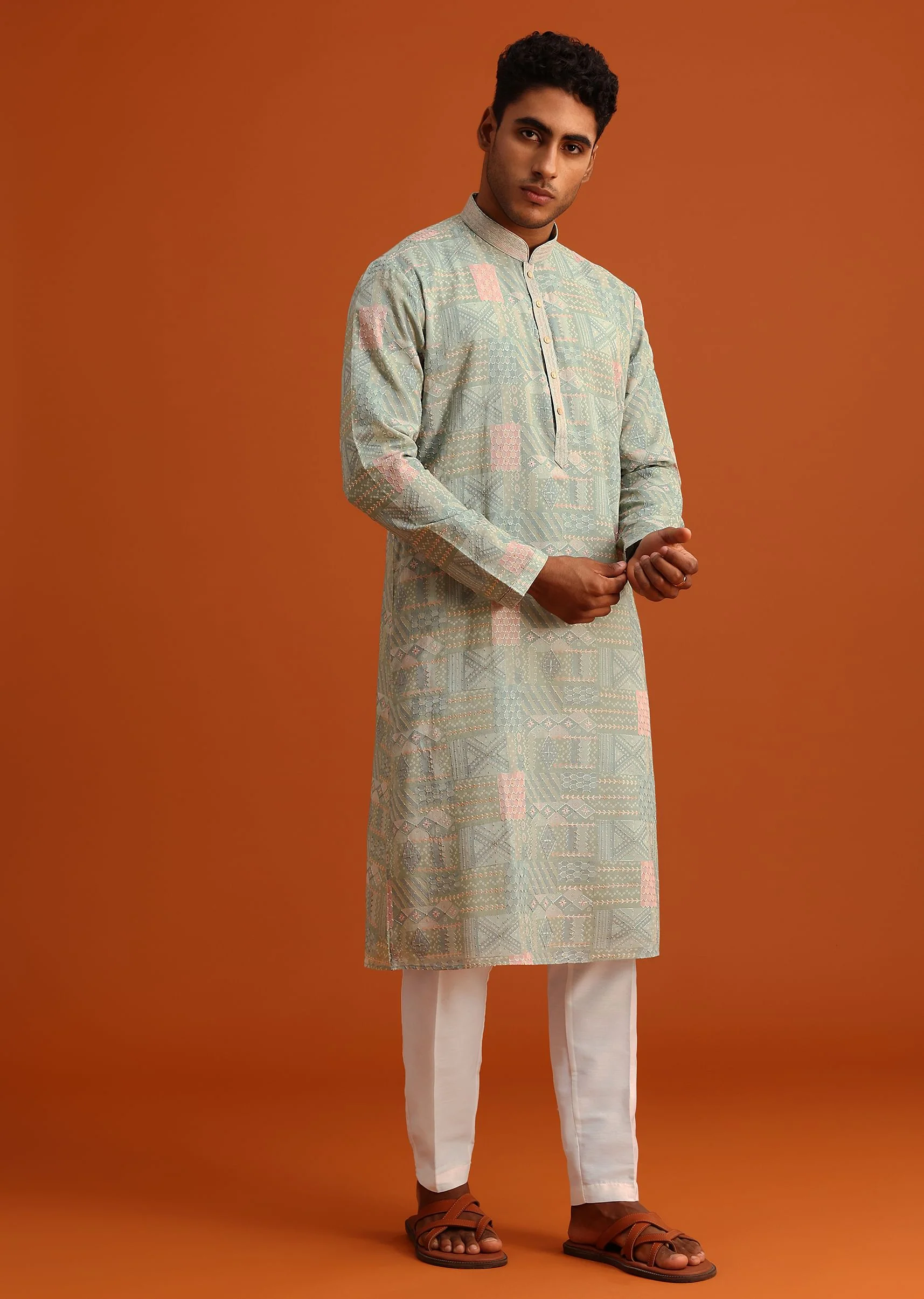 Pista Green Silk Kurta Set With Printed Detail - Image 2