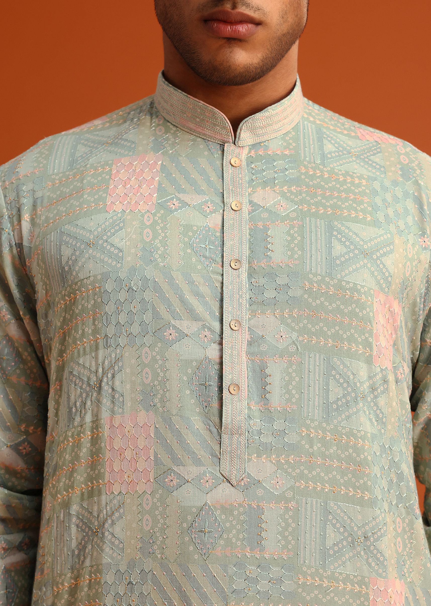Pista Green Silk Kurta Set With Printed Detail - Image 4